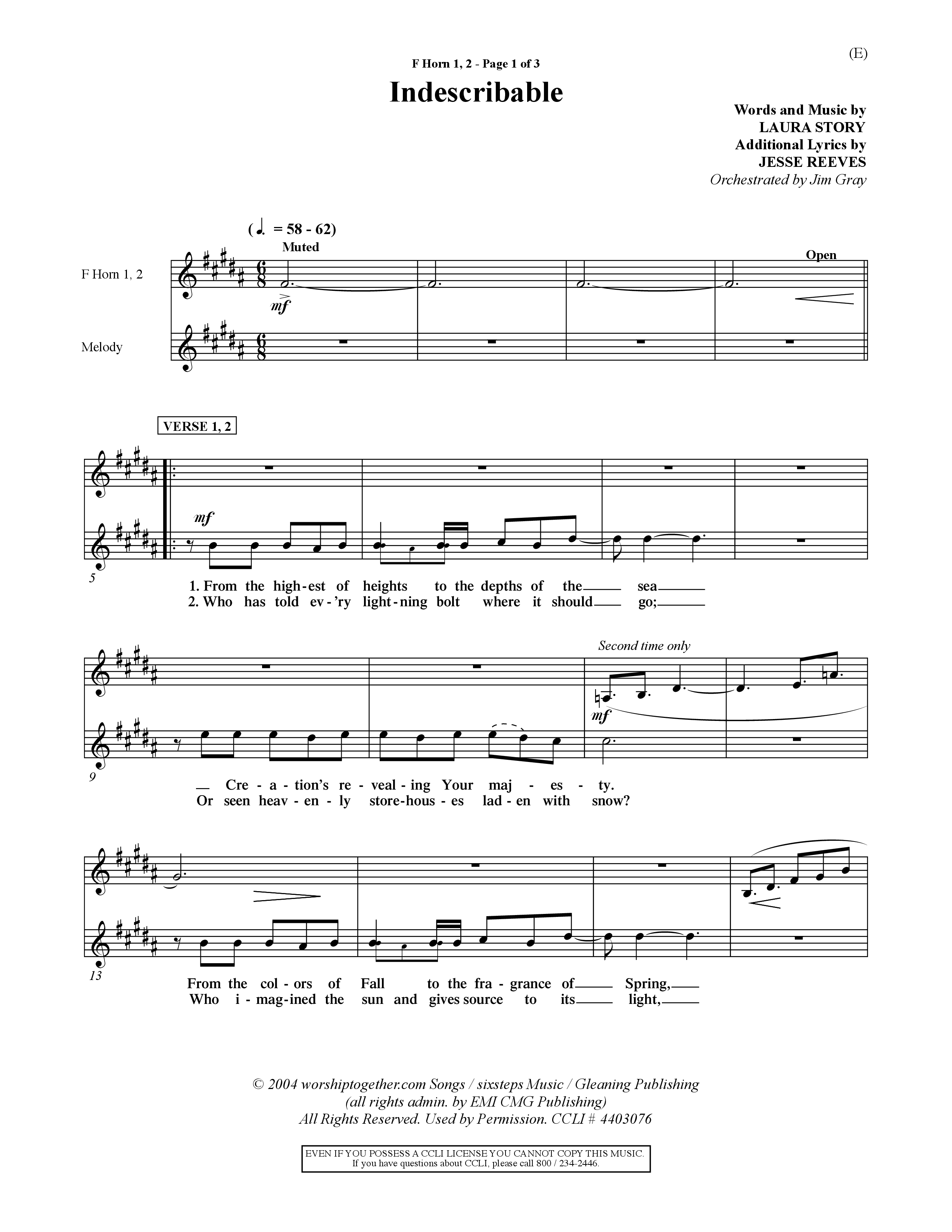 Indescribable (Choral Anthem SATB) French Horn (Word Music Choral / Orch. Jim Gray)