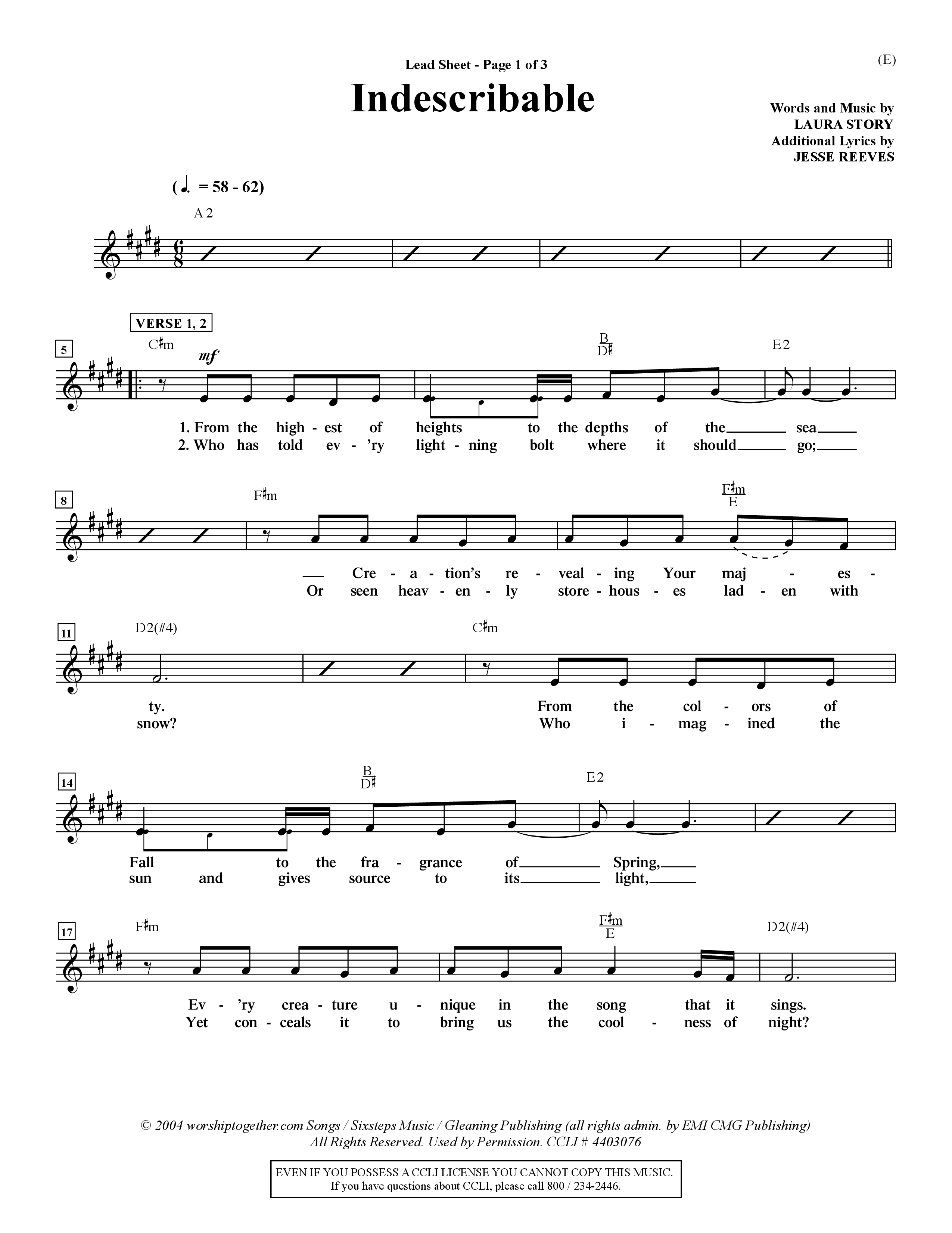 Indescribable (Choral Anthem SATB) Lead Sheet (Mel) (Word Music Choral / Orch. Jim Gray)