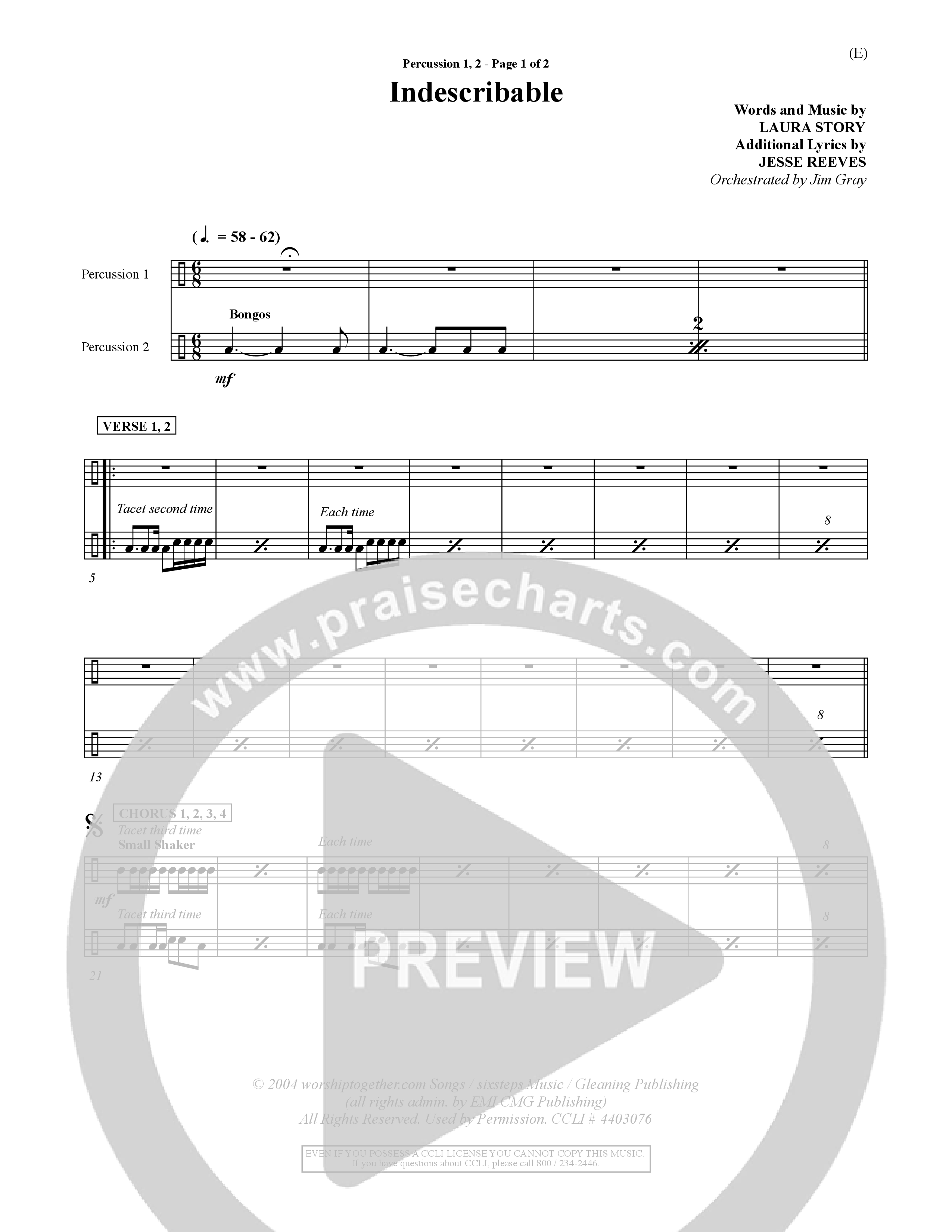 Indescribable (Choral Anthem SATB) Percussion 1/2 (Word Music Choral / Orch. Jim Gray)