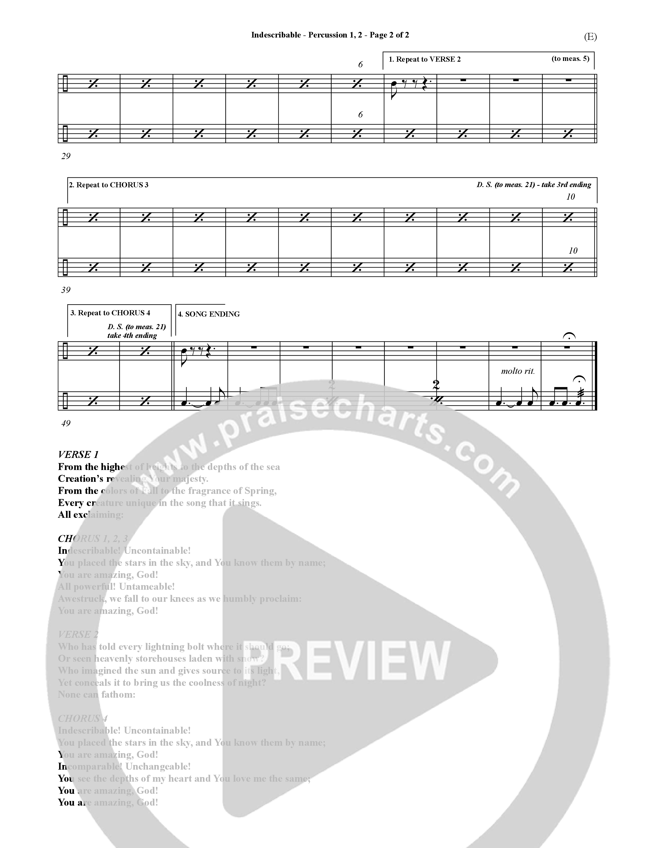 Indescribable (Choral Anthem SATB) Percussion 1/2 (Word Music Choral / Orch. Jim Gray)