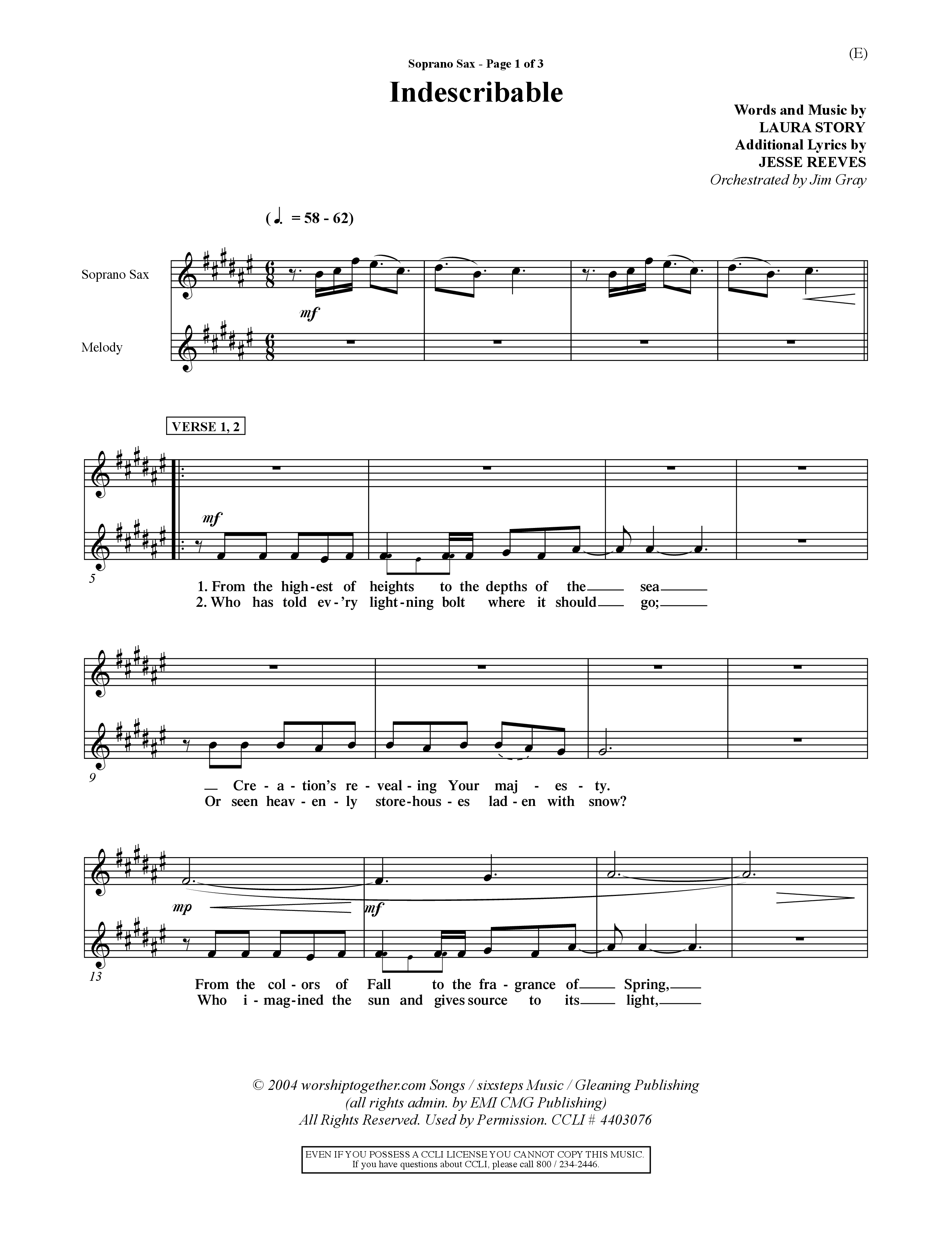Indescribable (Choral Anthem SATB) Saxophone (Word Music Choral / Orch. Jim Gray)