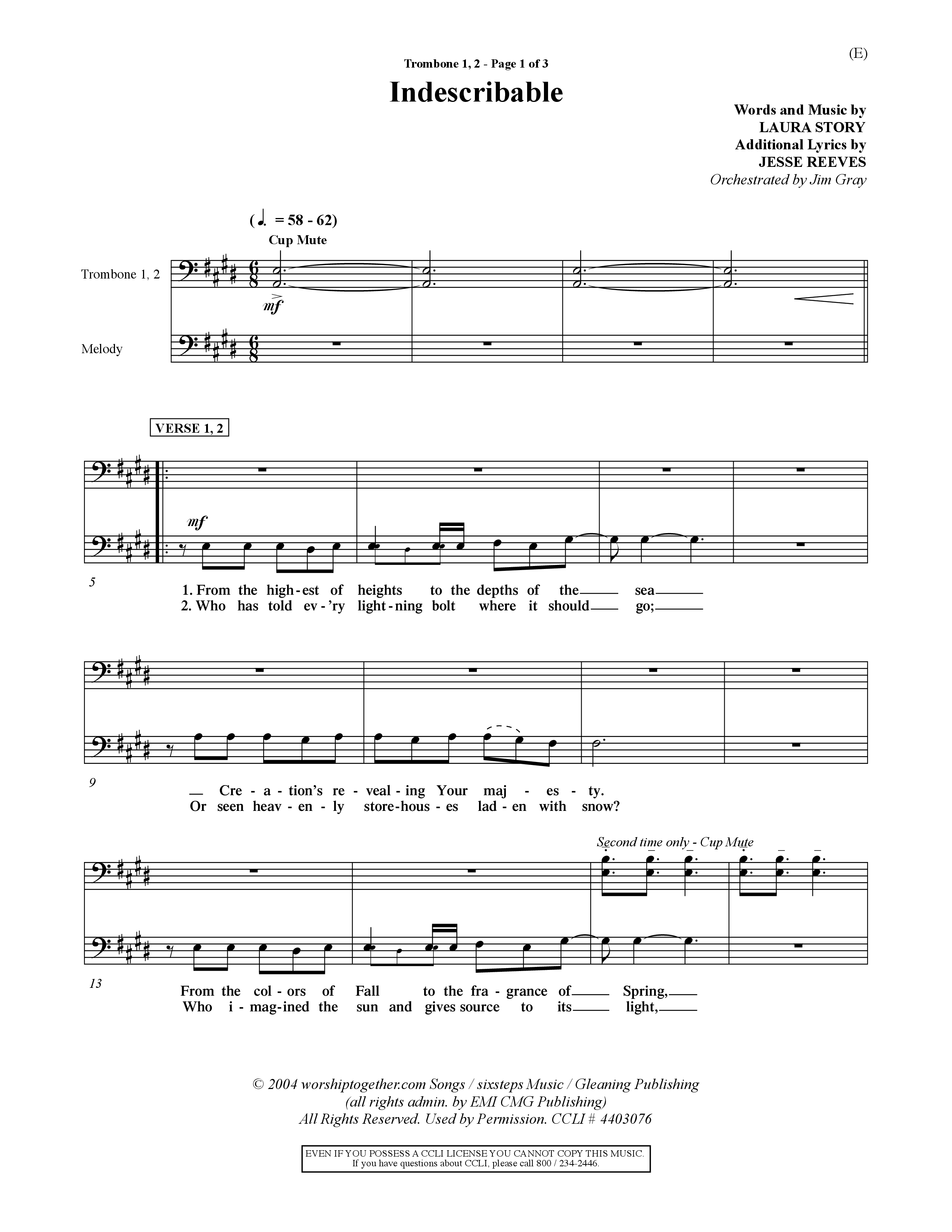 Indescribable (Choral Anthem SATB) Trombone 1/2 (Word Music Choral / Orch. Jim Gray)