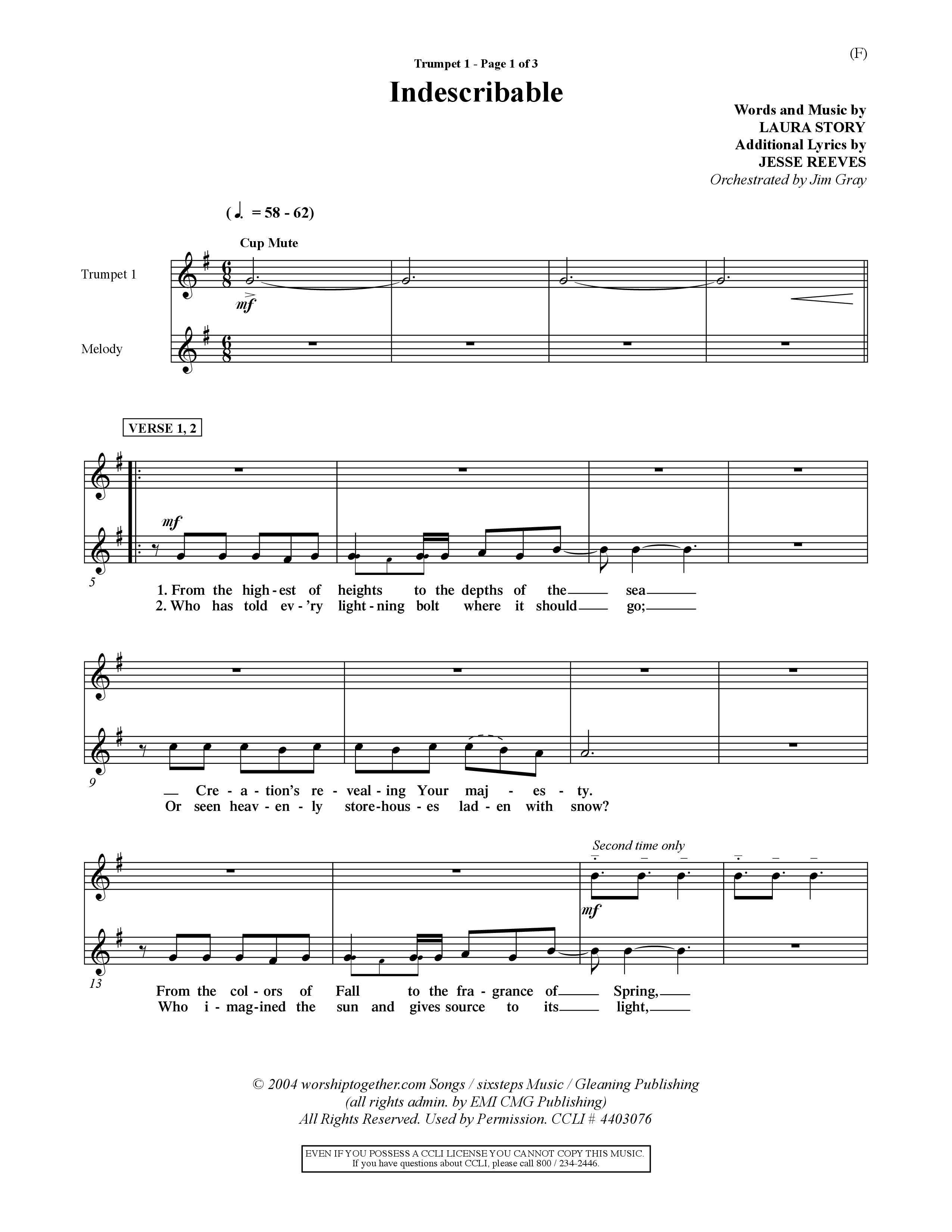 Indescribable (Choral Anthem SATB) Trumpet 1 (Word Music Choral / Orch. Jim Gray)