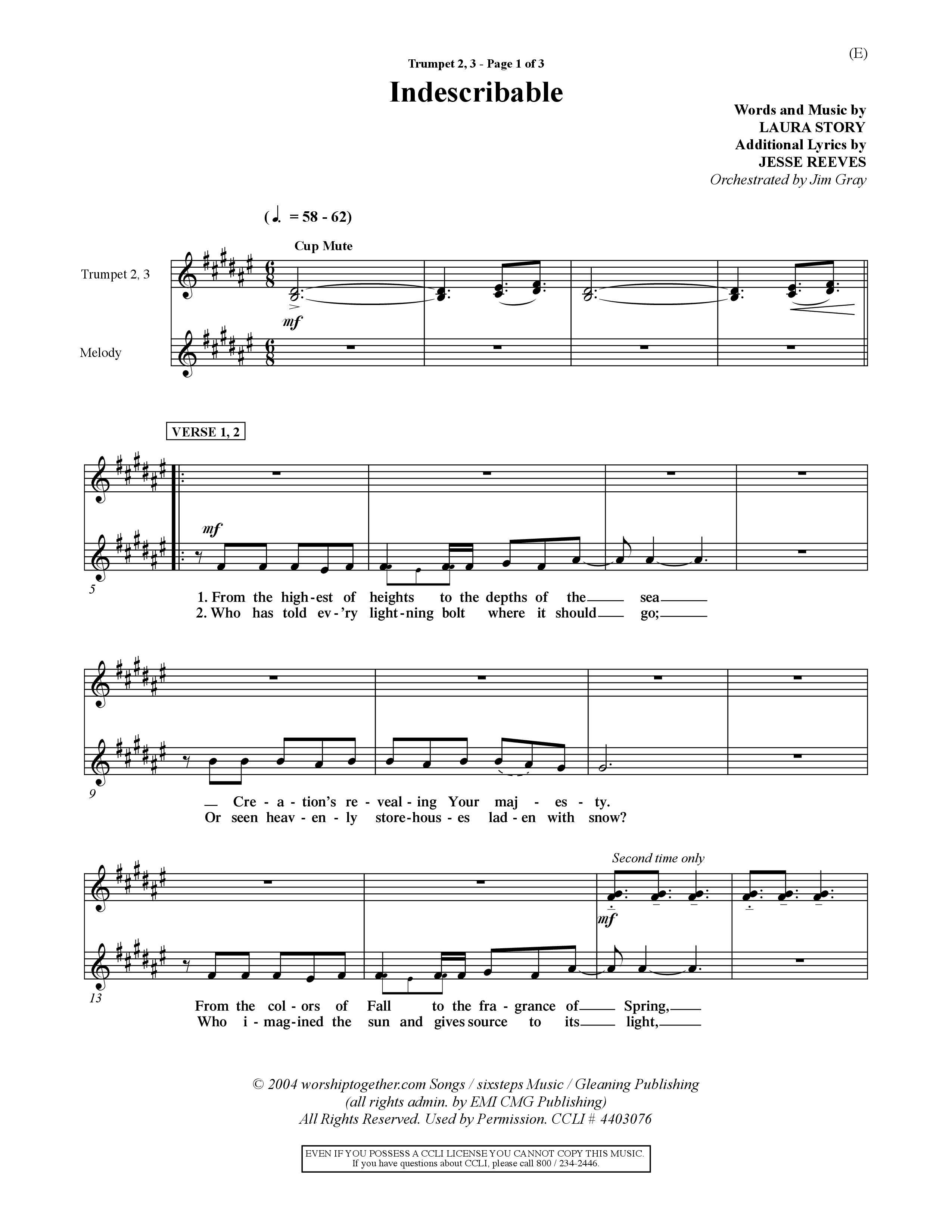 Indescribable (Choral Anthem SATB) Trumpet 2/3 (Word Music Choral / Orch. Jim Gray)