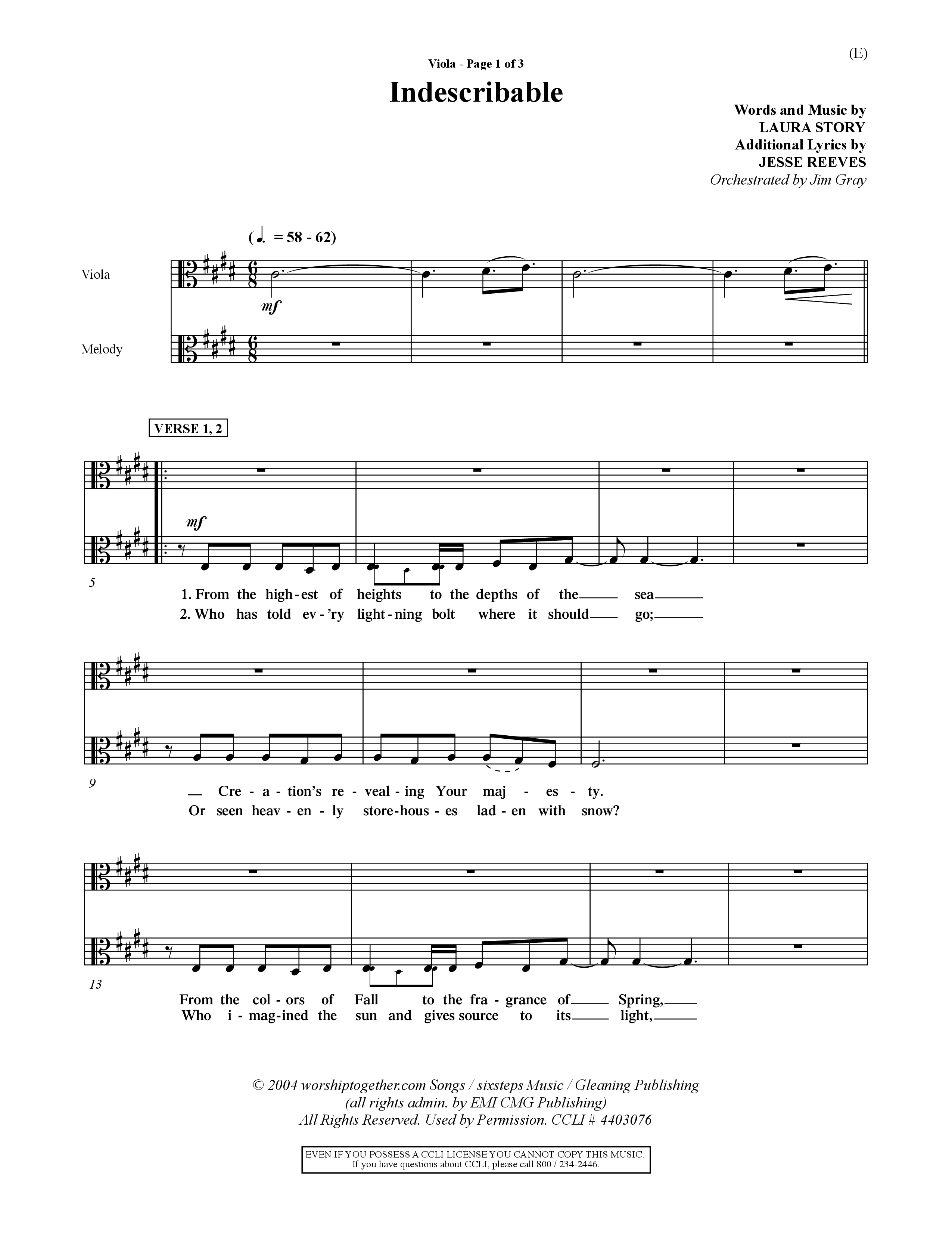 Indescribable (Choral Anthem SATB) Viola (Word Music Choral / Orch. Jim Gray)