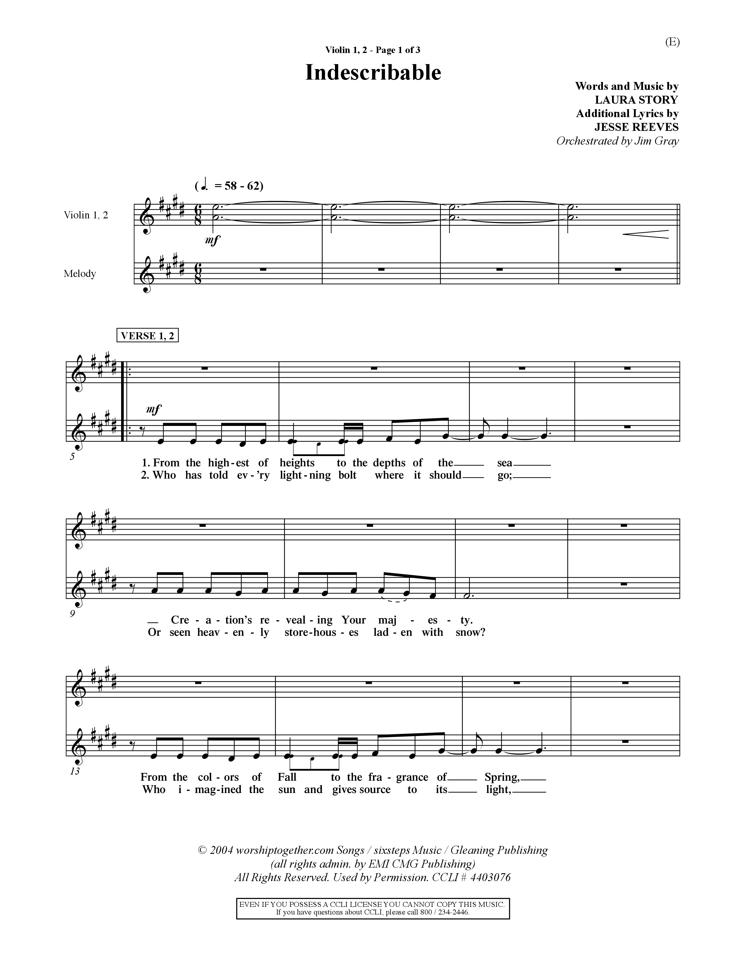 Indescribable (Choral Anthem SATB) Violin 1/2 (Word Music Choral / Orch. Jim Gray)