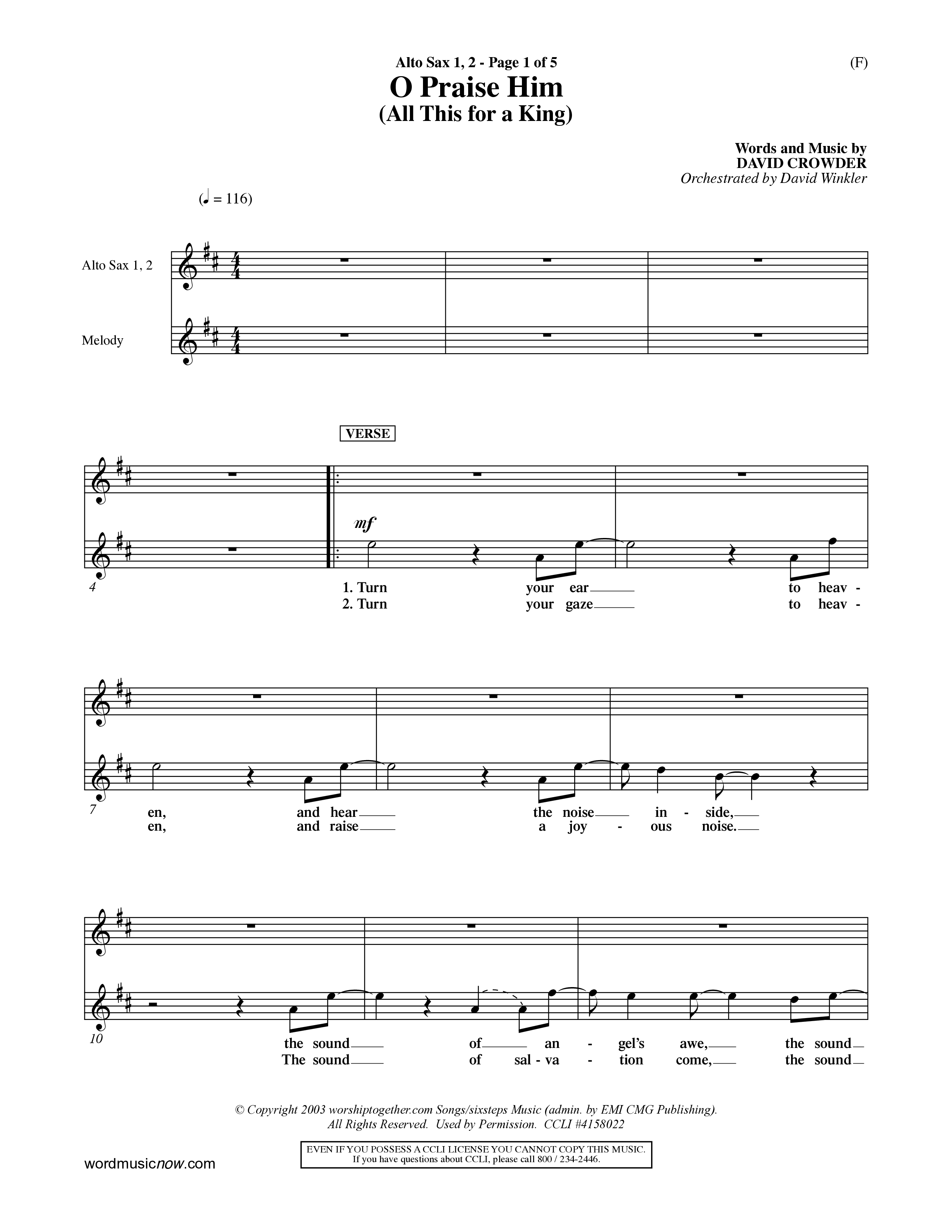 O Praise Him (Choral Anthem SATB) Alto Sax 1/2 (Word Music Choral / Orch. David Winkler)