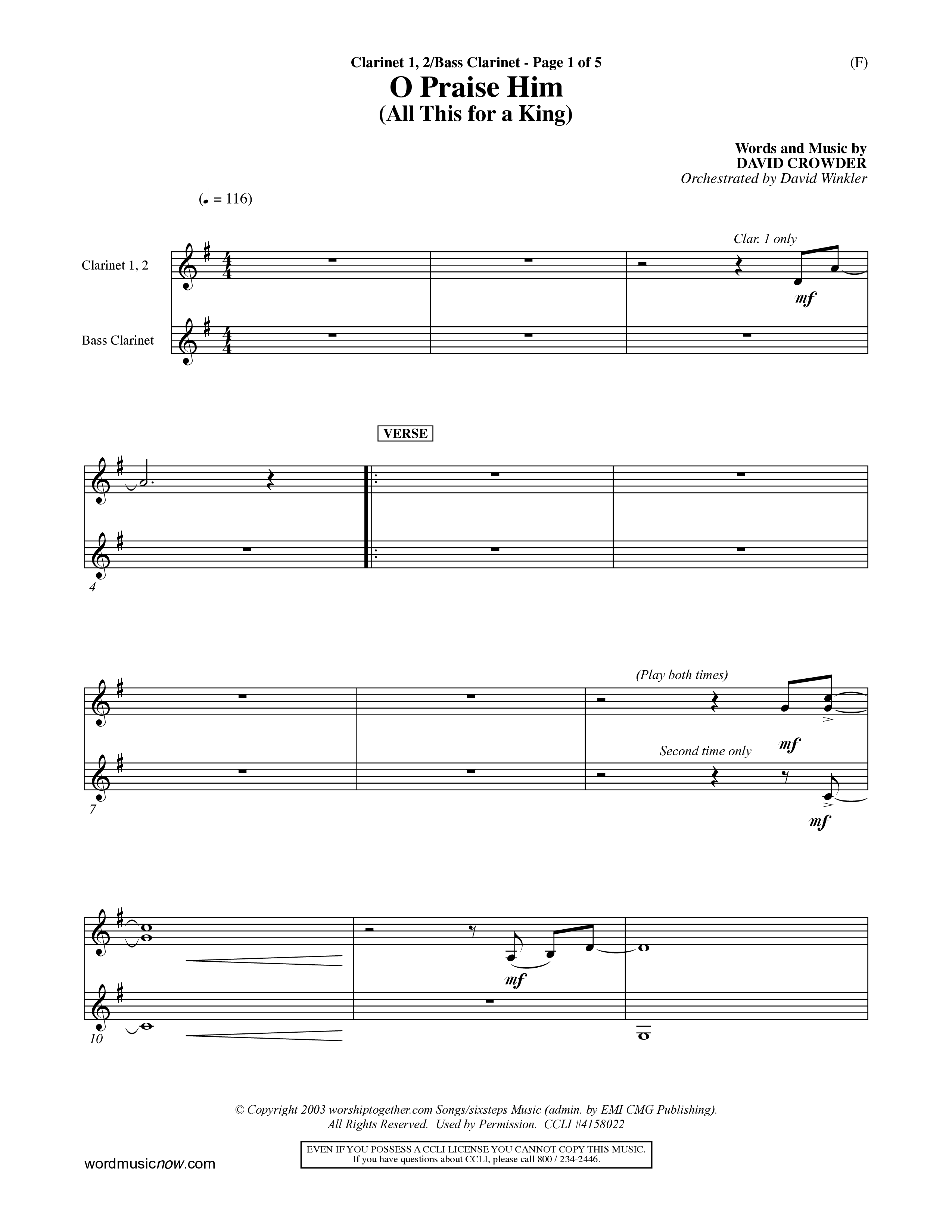 O Praise Him (Choral Anthem SATB) Clarinet 1/2, Bass Clarinet (Word Music Choral / Orch. David Winkler)