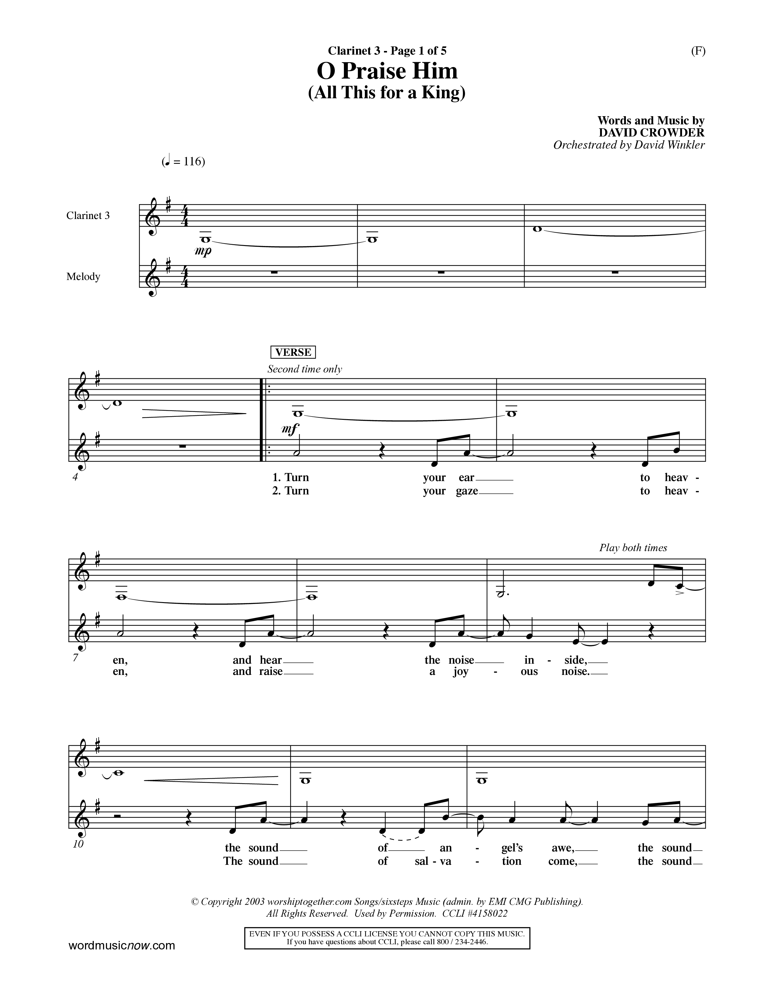 O Praise Him (Choral Anthem SATB) Clarinet 3 (Word Music Choral / Orch. David Winkler)