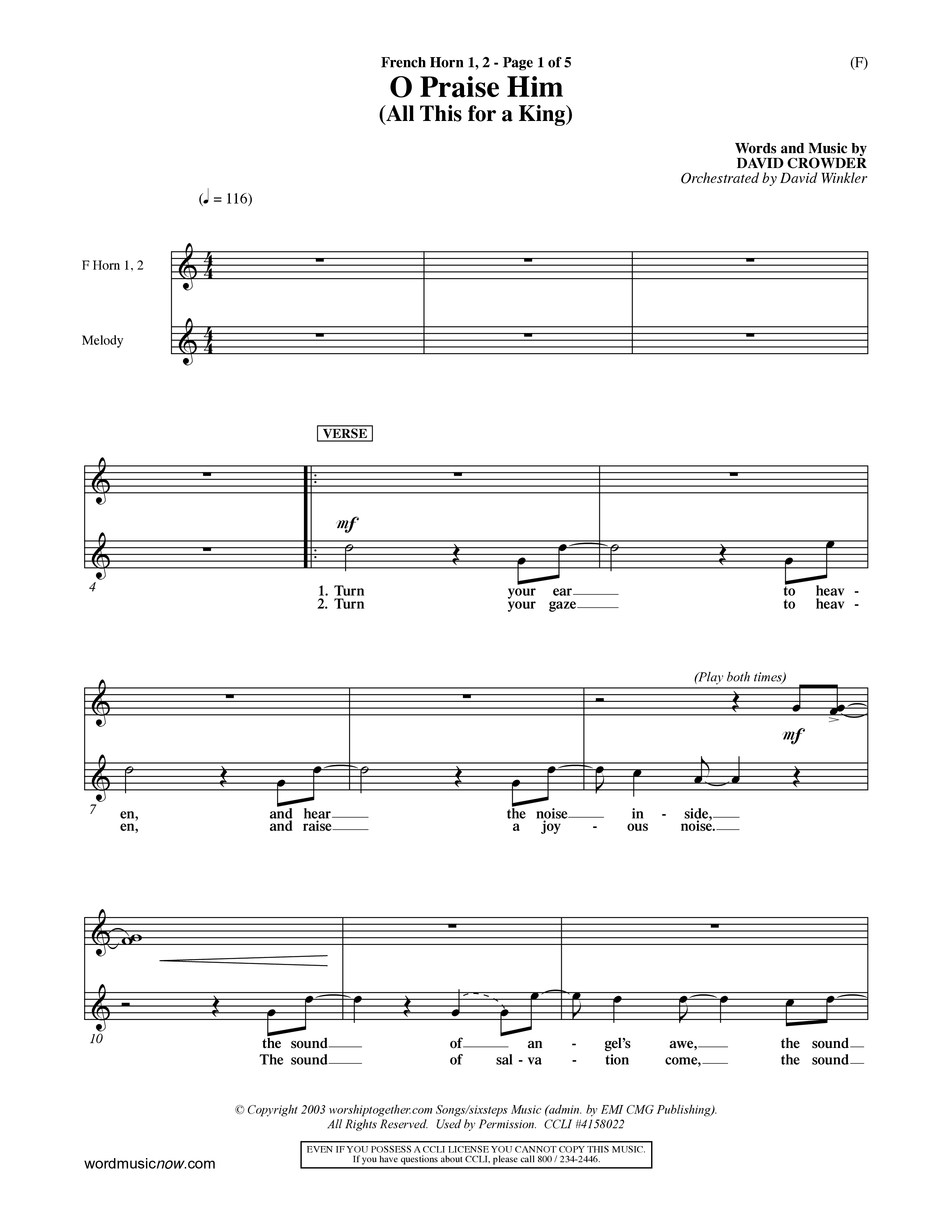 O Praise Him (Choral Anthem SATB) French Horn (Word Music Choral / Orch. David Winkler)
