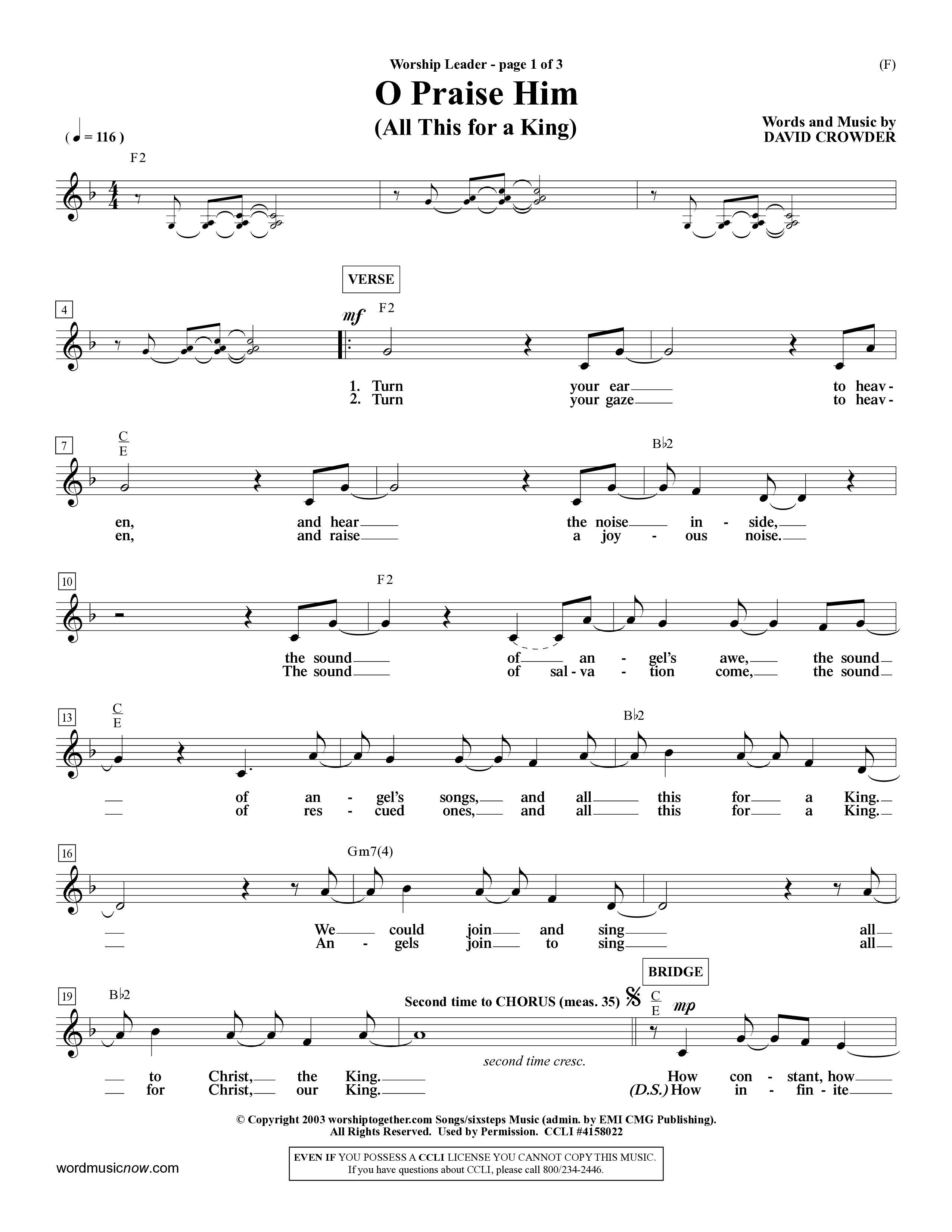 O Praise Him (Choral Anthem SATB) Lead Sheet (Mel) (Word Music Choral / Orch. David Winkler)