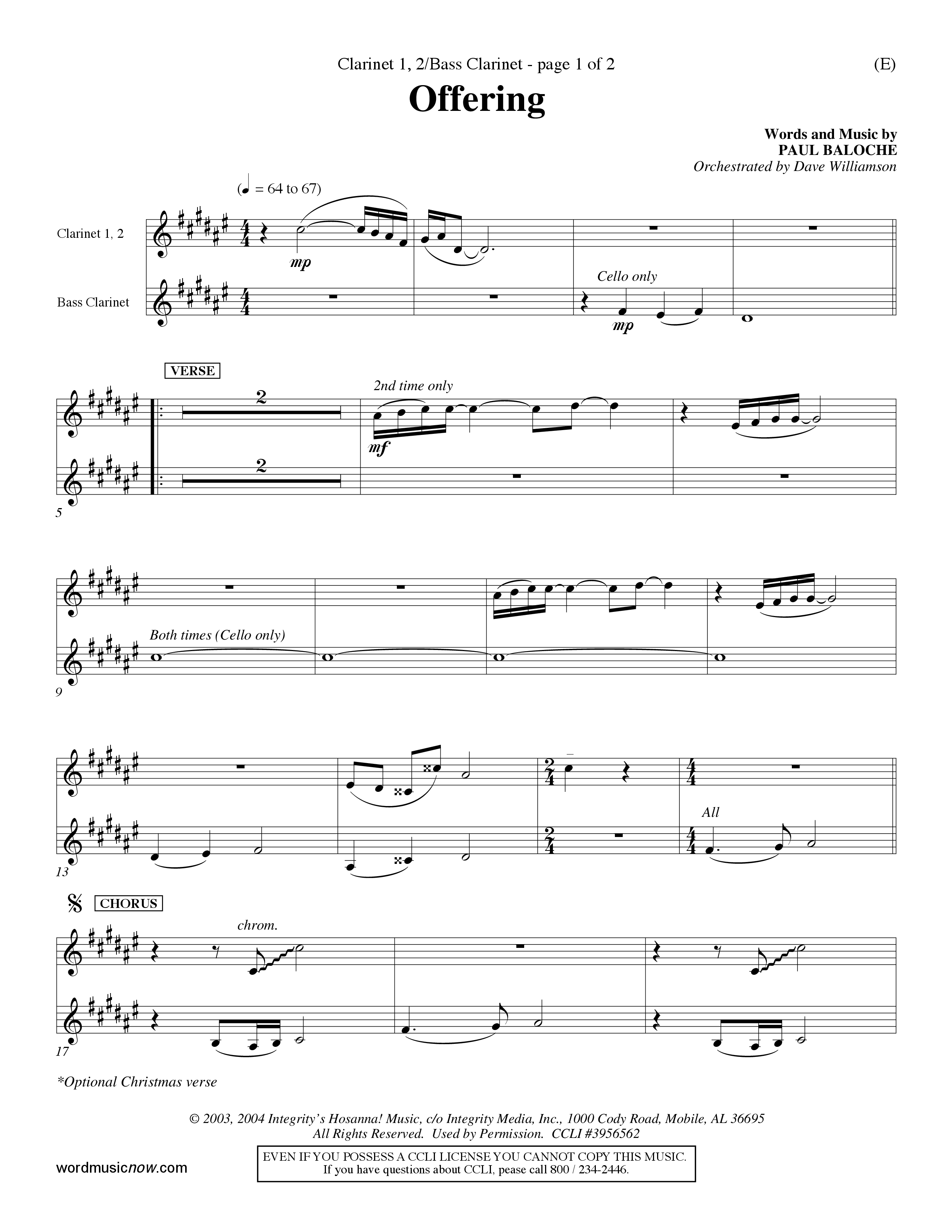 Offering (Choral Anthem SATB) Clarinet 1/2, Bass Clarinet (Word Music Choral / Orch. Dave Williamson)