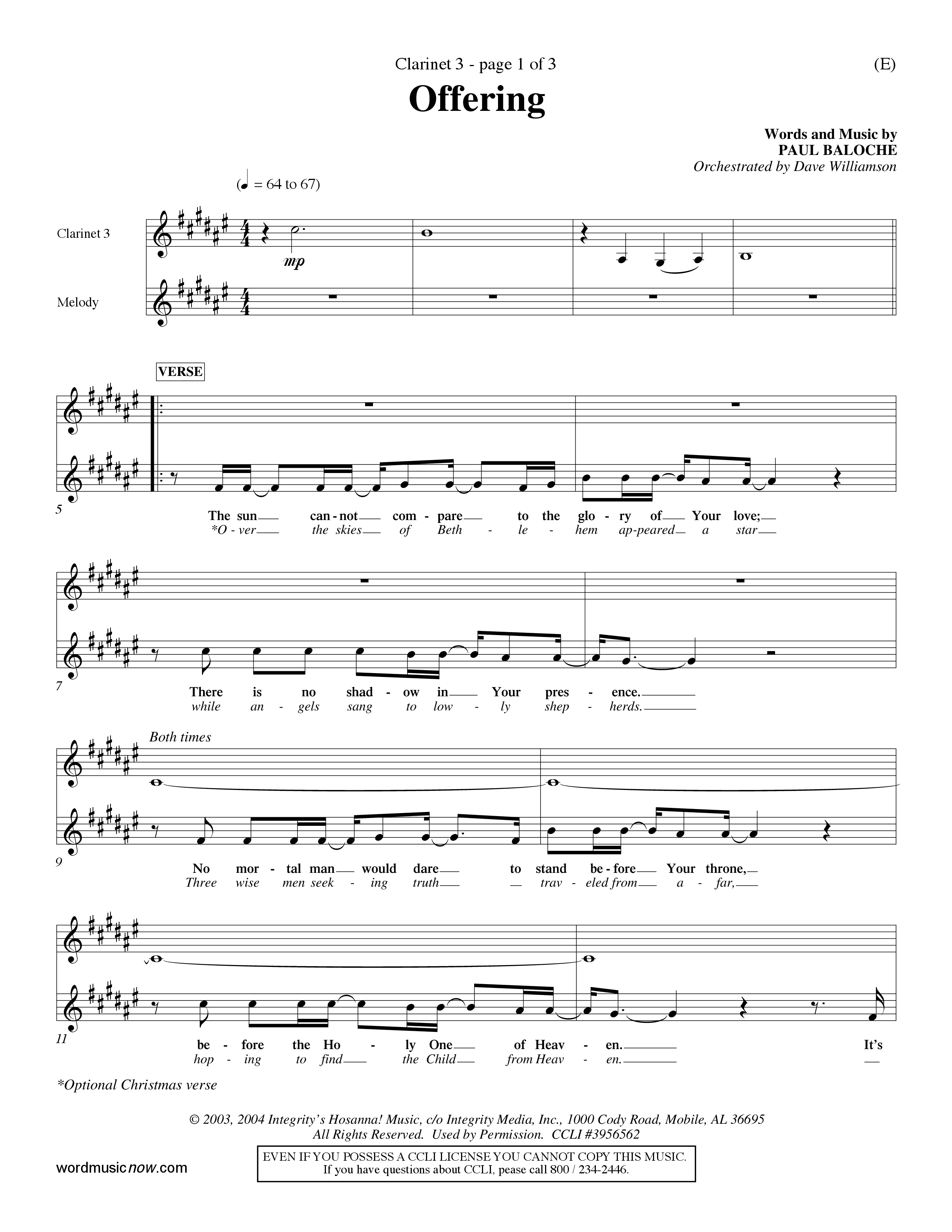 Offering (Choral Anthem SATB) Clarinet 3 (Word Music Choral / Orch. Dave Williamson)