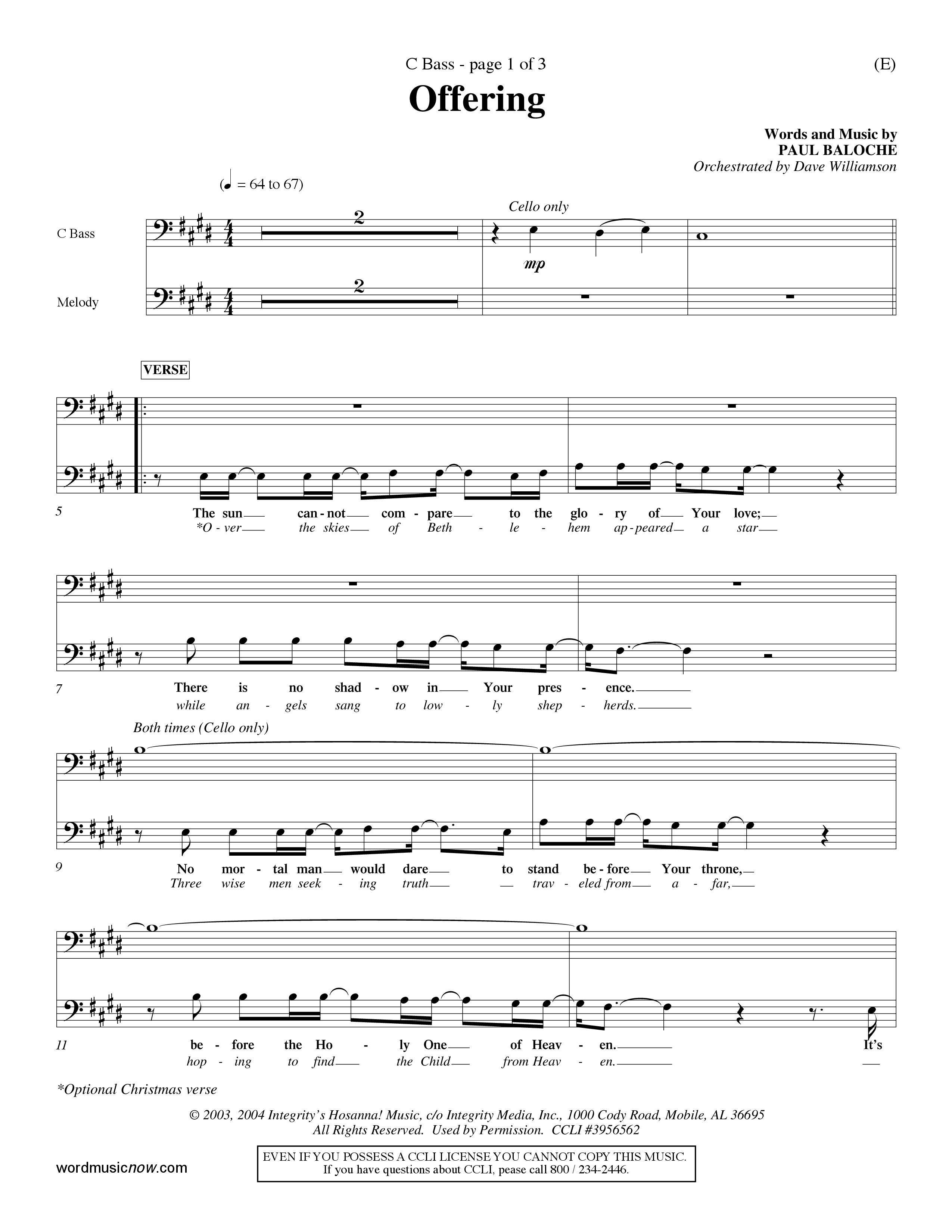 Offering (Choral Anthem SATB) Contrabass (Word Music Choral / Orch. Dave Williamson)