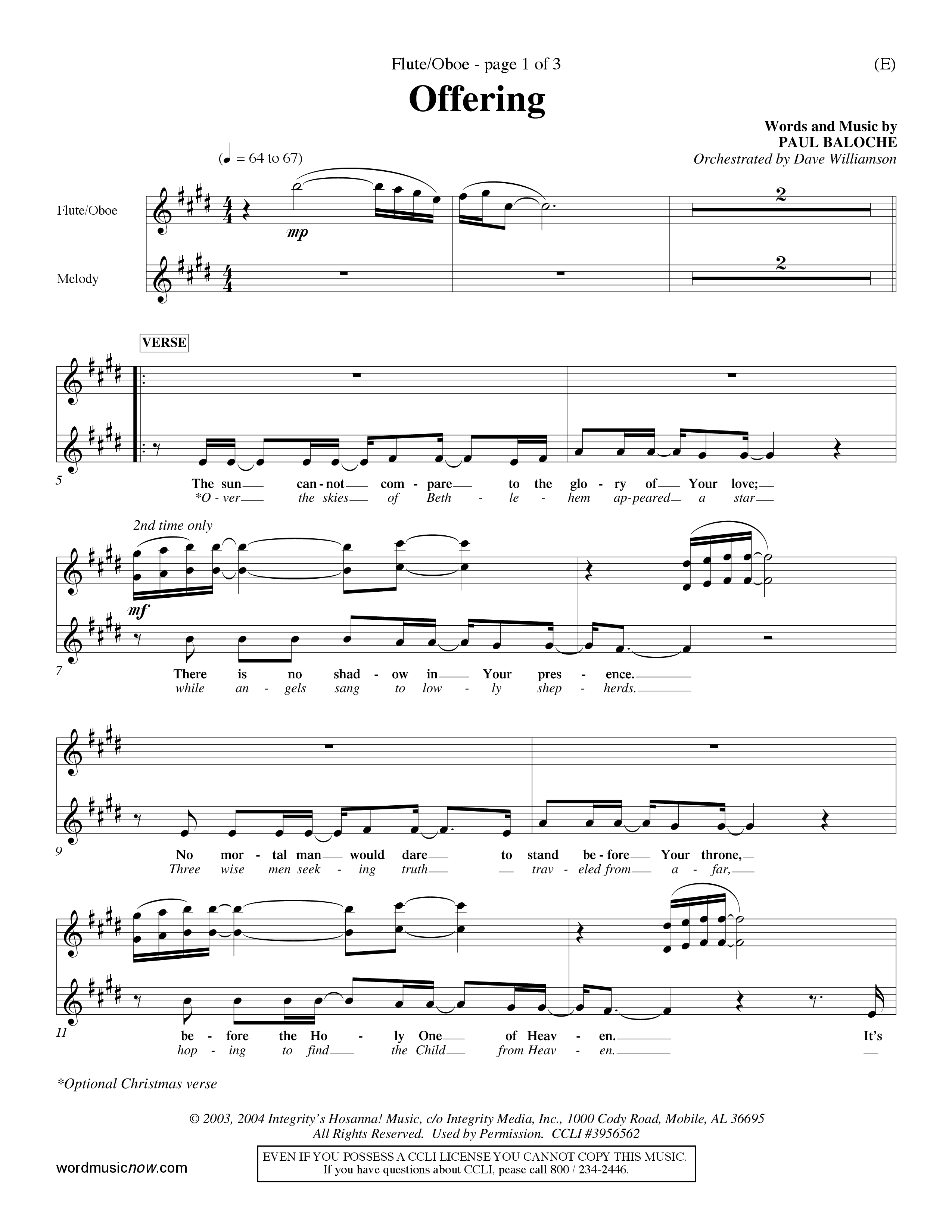 Offering (Choral Anthem SATB) Flute/Oboe (Word Music Choral / Orch. Dave Williamson)