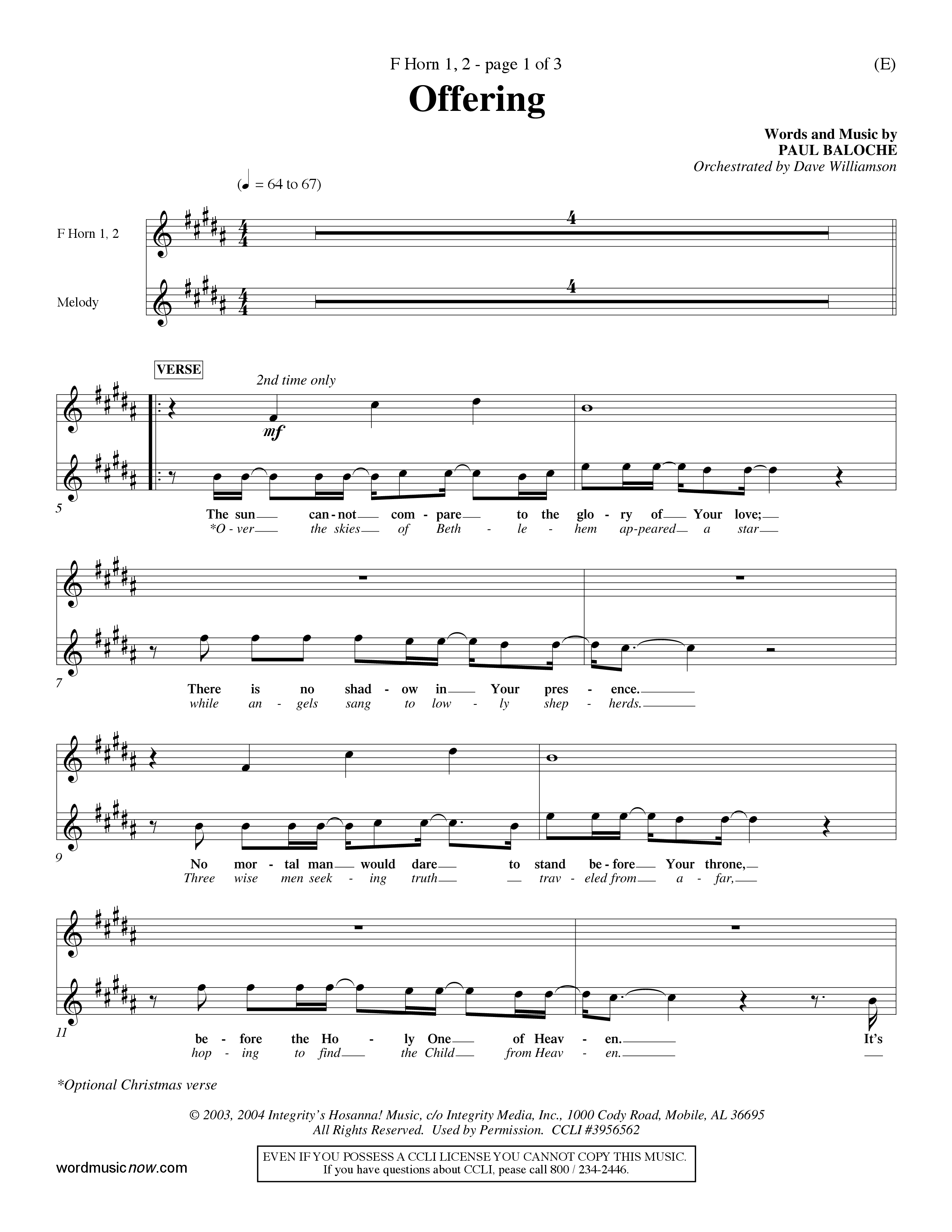 Offering (Choral Anthem SATB) French Horn (Word Music Choral / Orch. Dave Williamson)
