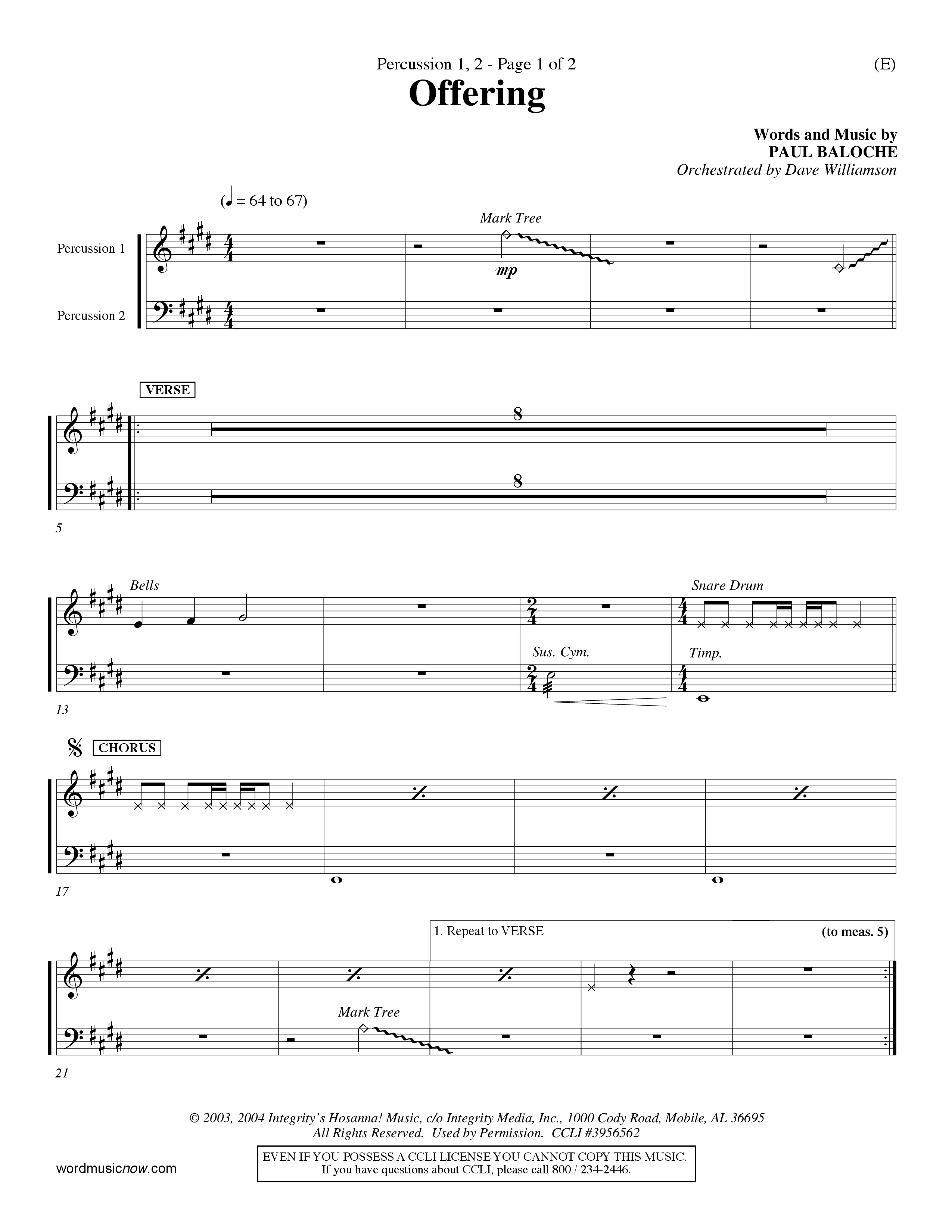 Offering (Choral Anthem SATB) Percussion 1/2 (Word Music Choral / Orch. Dave Williamson)