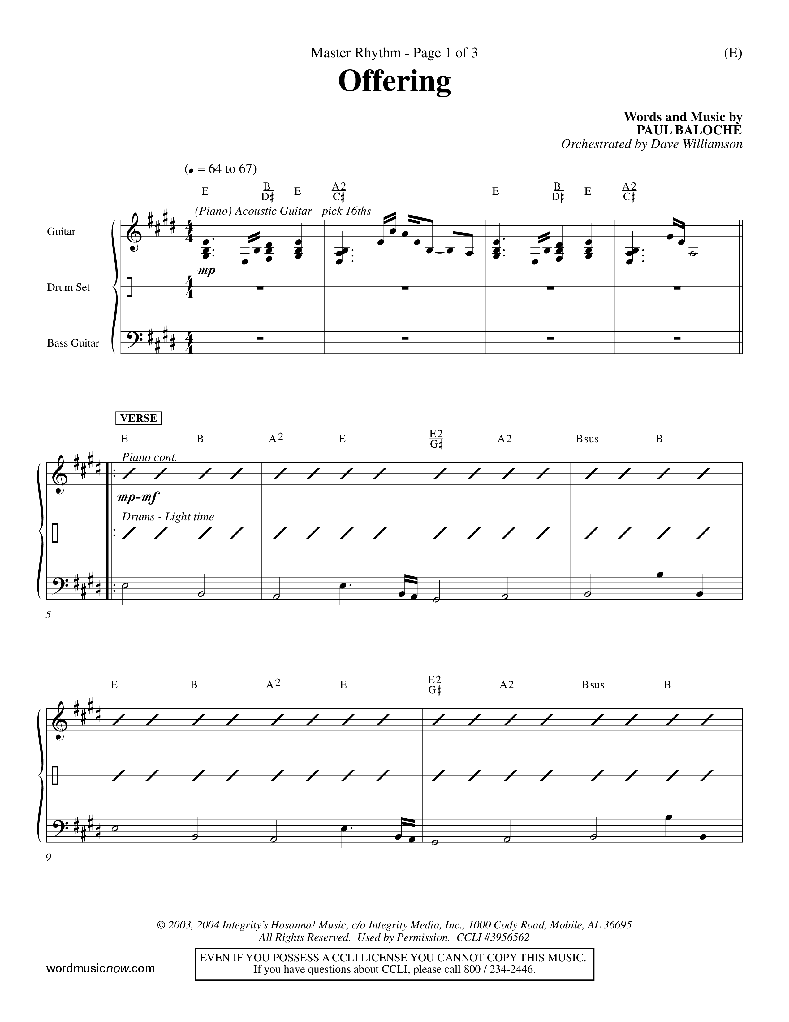 Offering (Choral Anthem SATB) Rhythm Chart (Word Music Choral / Orch. Dave Williamson)