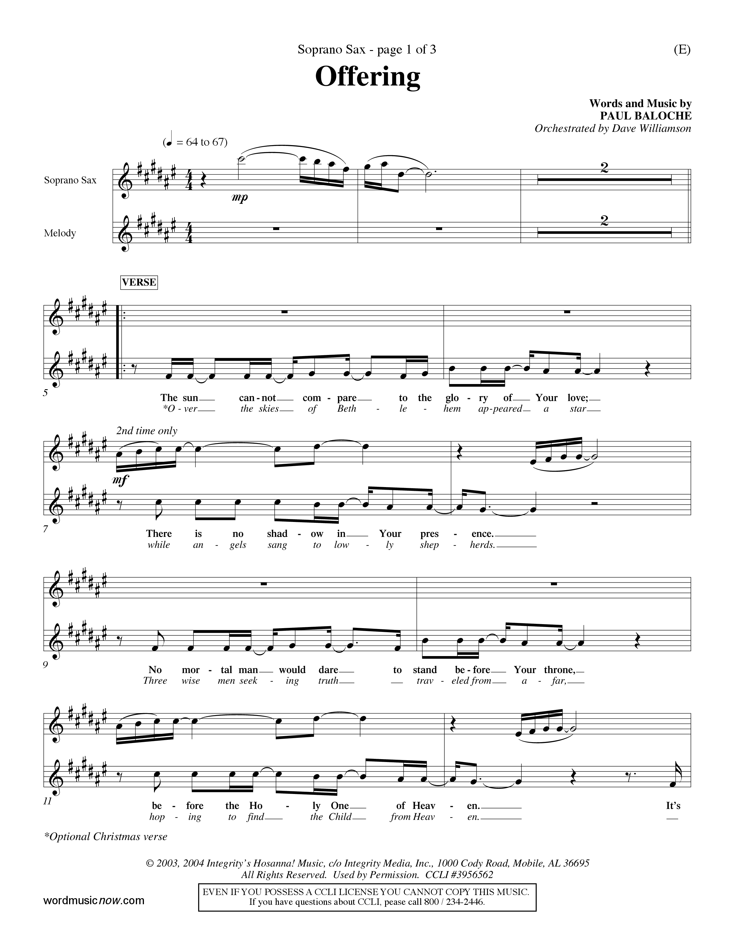 Offering (Choral Anthem SATB) Saxophone (Word Music Choral / Orch. Dave Williamson)