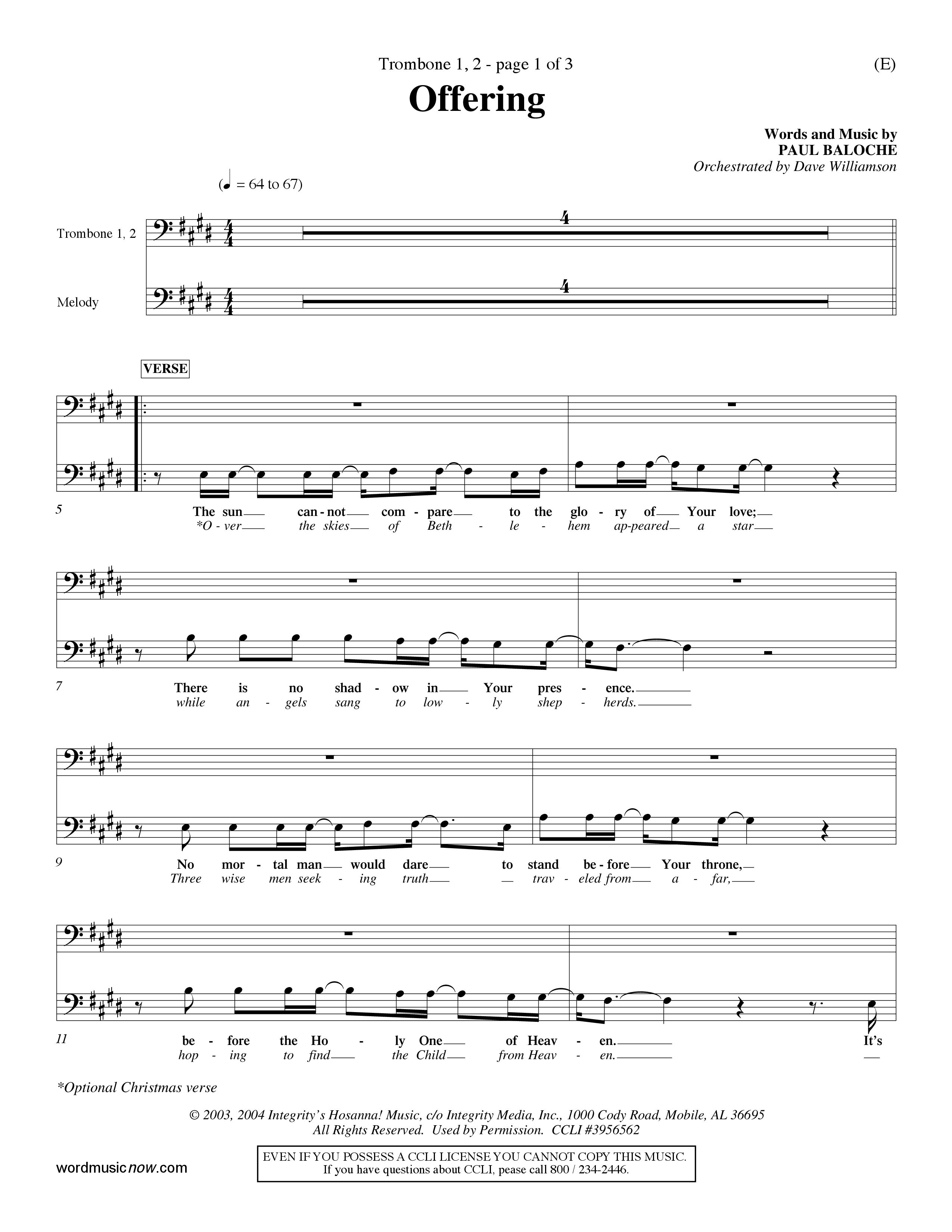 Offering (Choral Anthem SATB) Trombone 1/2 (Word Music Choral / Orch. Dave Williamson)