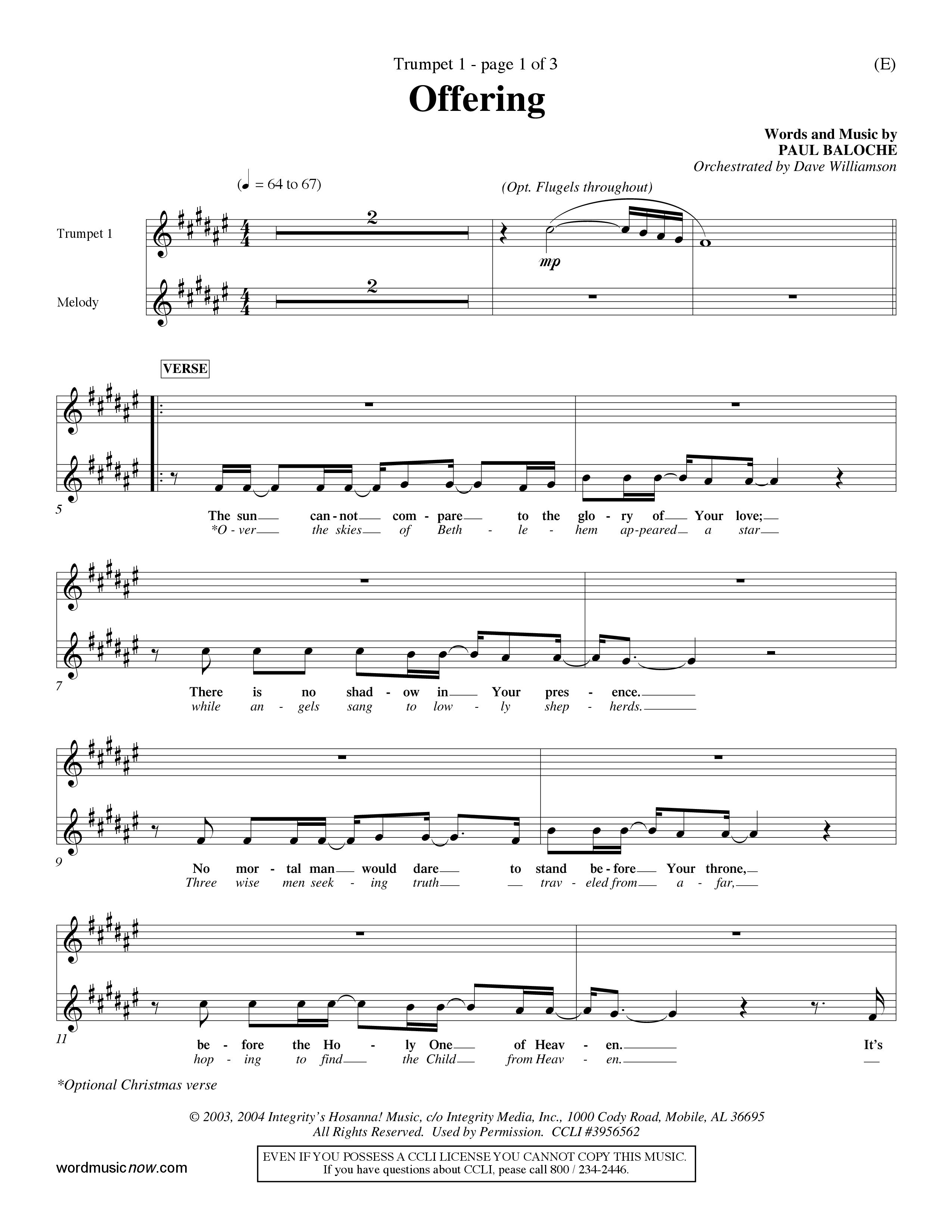 Offering (Choral Anthem SATB) Trumpet 1 (Word Music Choral / Orch. Dave Williamson)