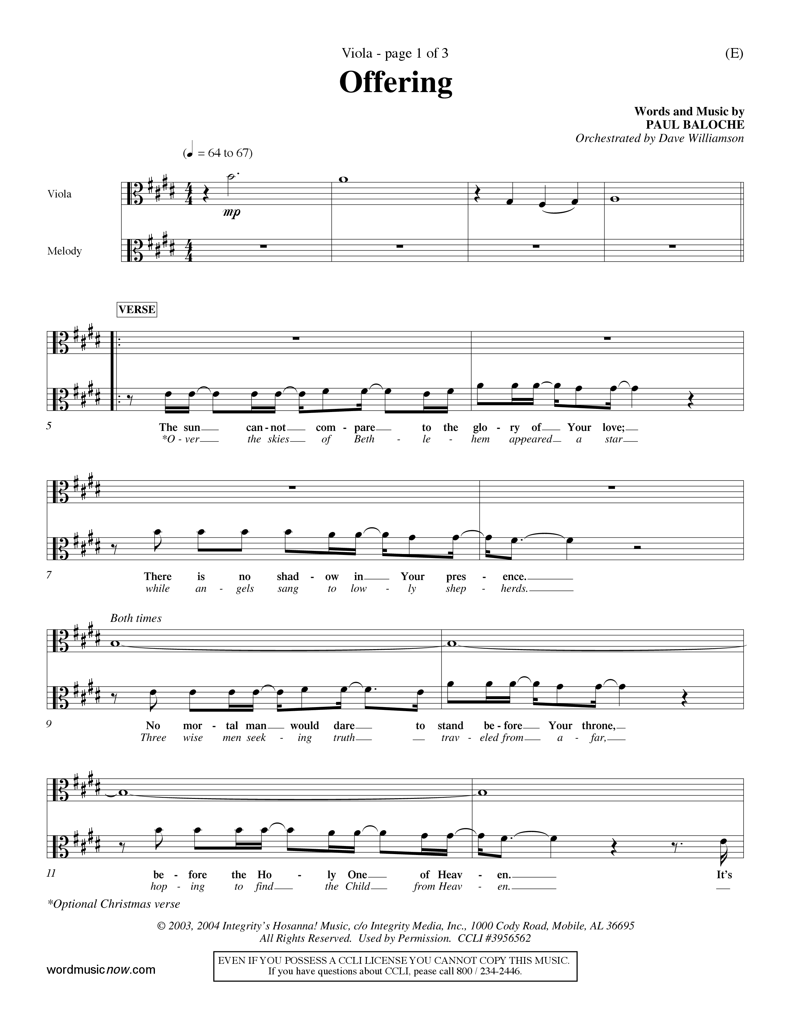 Offering (Choral Anthem SATB) Viola (Word Music Choral / Orch. Dave Williamson)