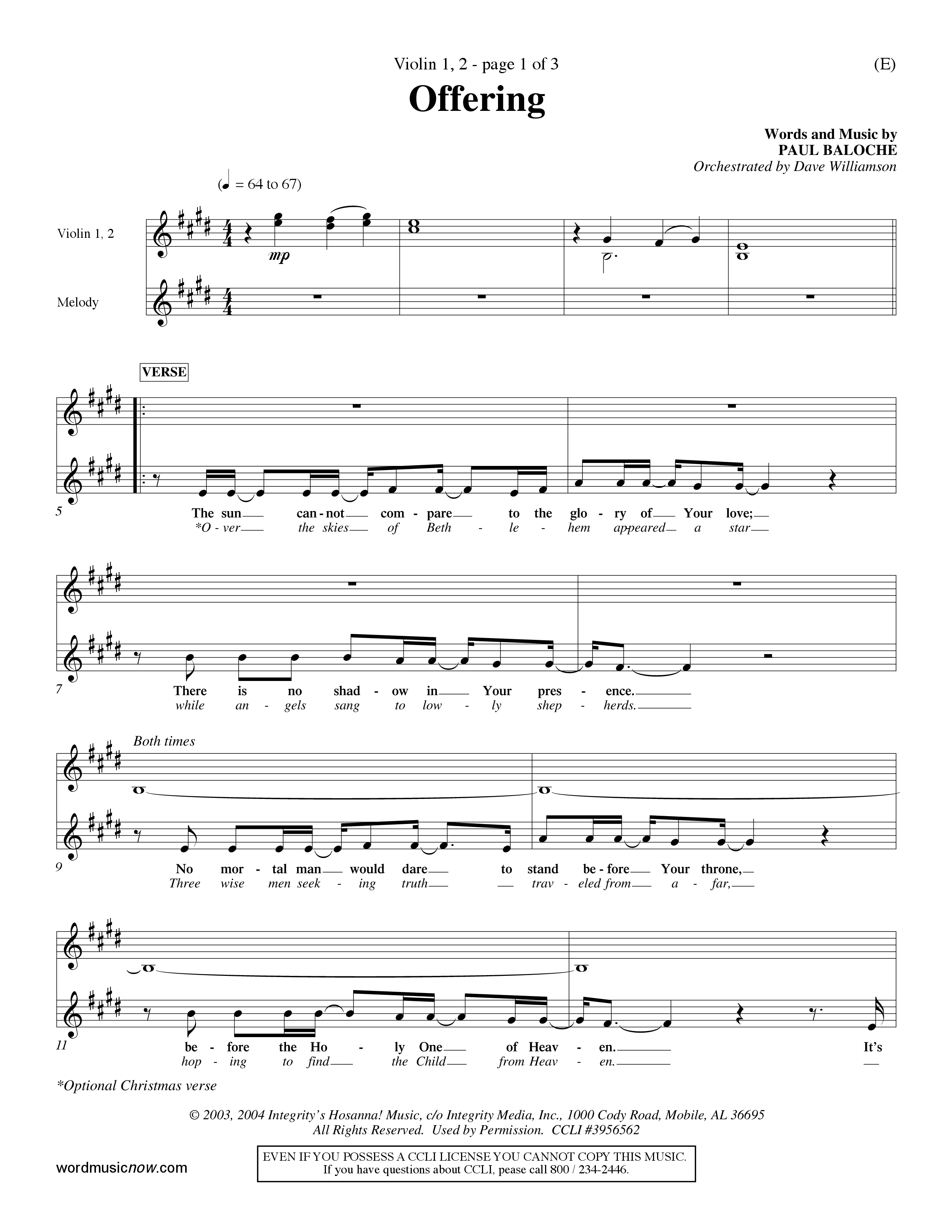 Offering (Choral Anthem SATB) Violin 1/2 (Word Music Choral / Orch. Dave Williamson)