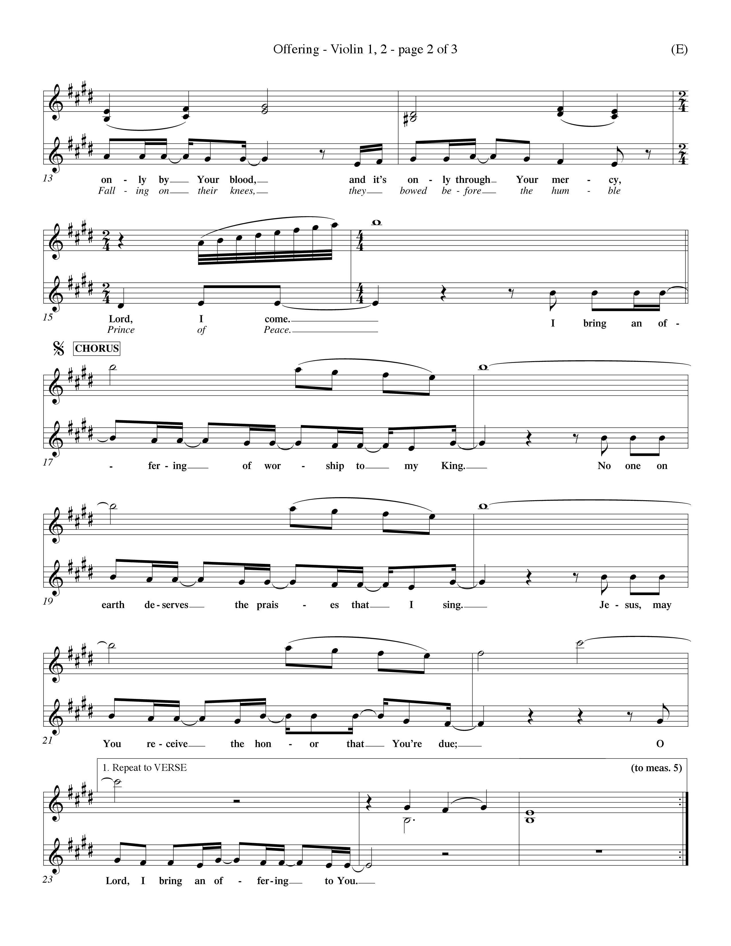 Offering (Choral Anthem SATB) Violin 1/2 (Word Music Choral / Orch. Dave Williamson)