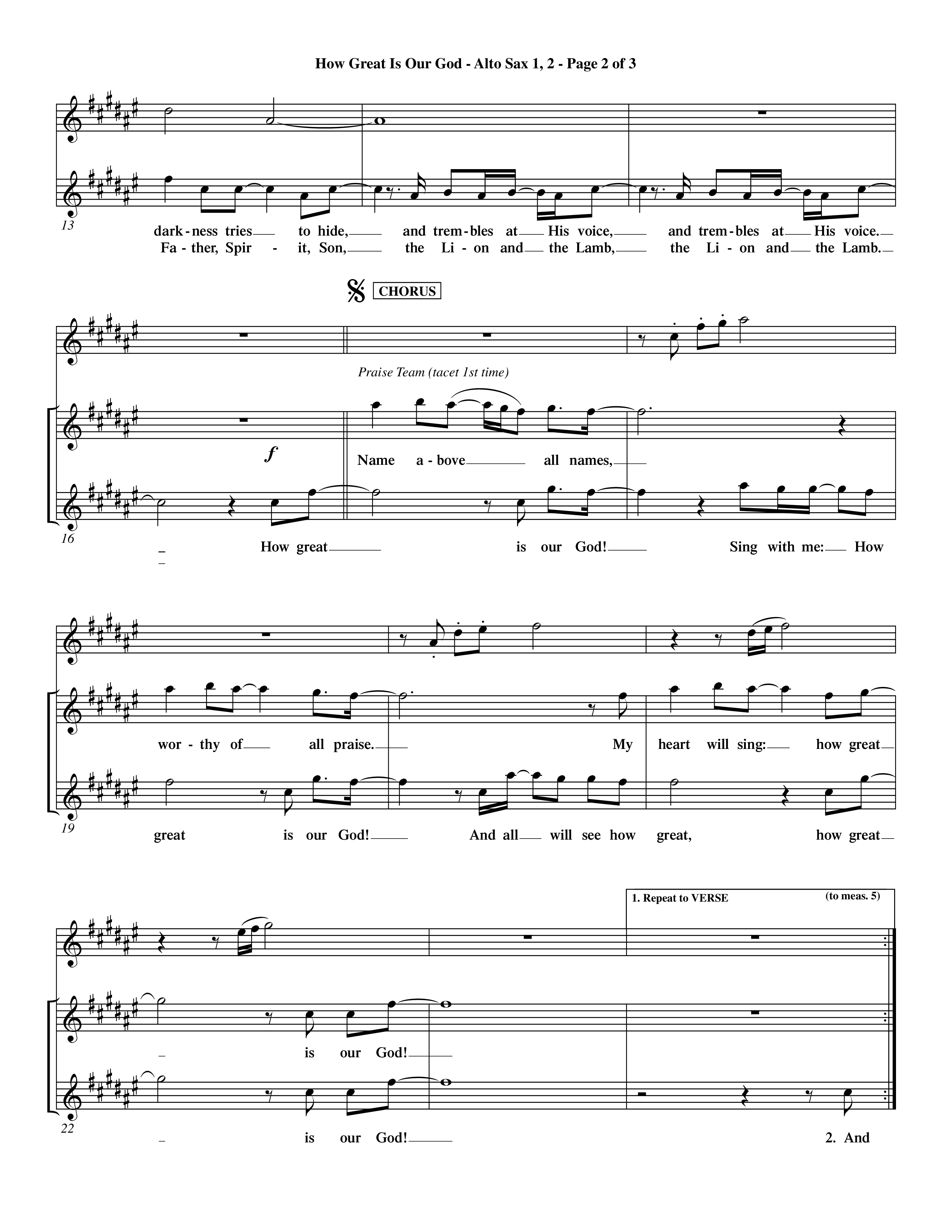 How Great Is Our God (Choral Anthem SATB) Alto Sax 1/2 (Word Music Choral / Orch. Dave Williamson)