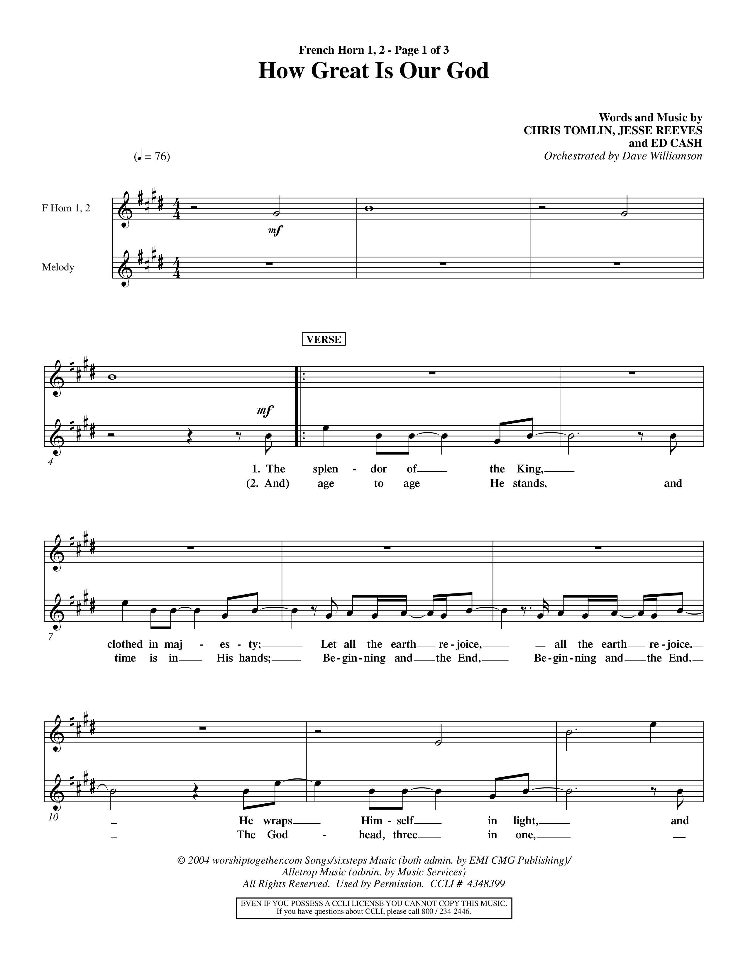 How Great Is Our God (Choral Anthem SATB) French Horn (Word Music Choral / Orch. Dave Williamson)