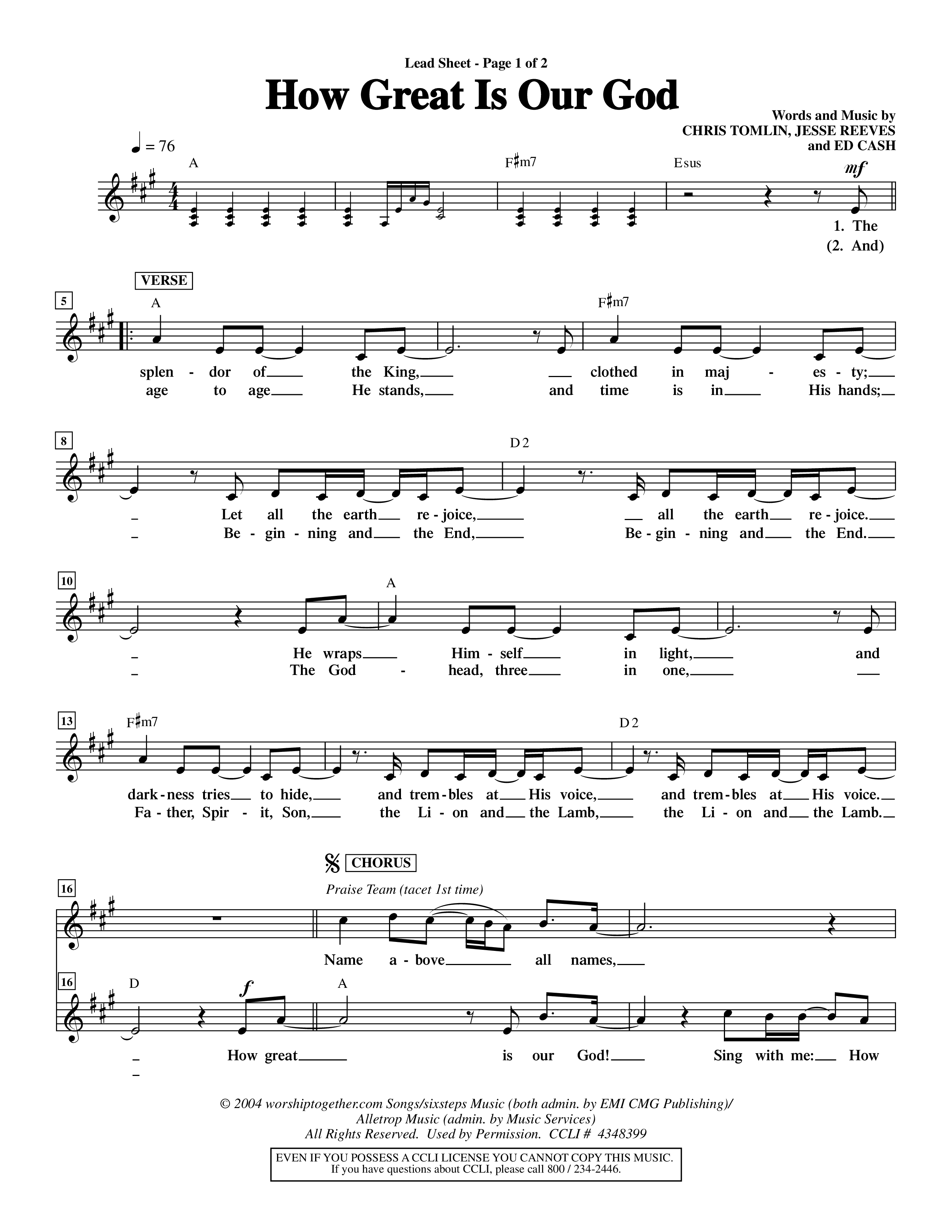 How Great Is Our God (Choral Anthem SATB) Lead Sheet (Mel) (Word Music Choral / Orch. Dave Williamson)