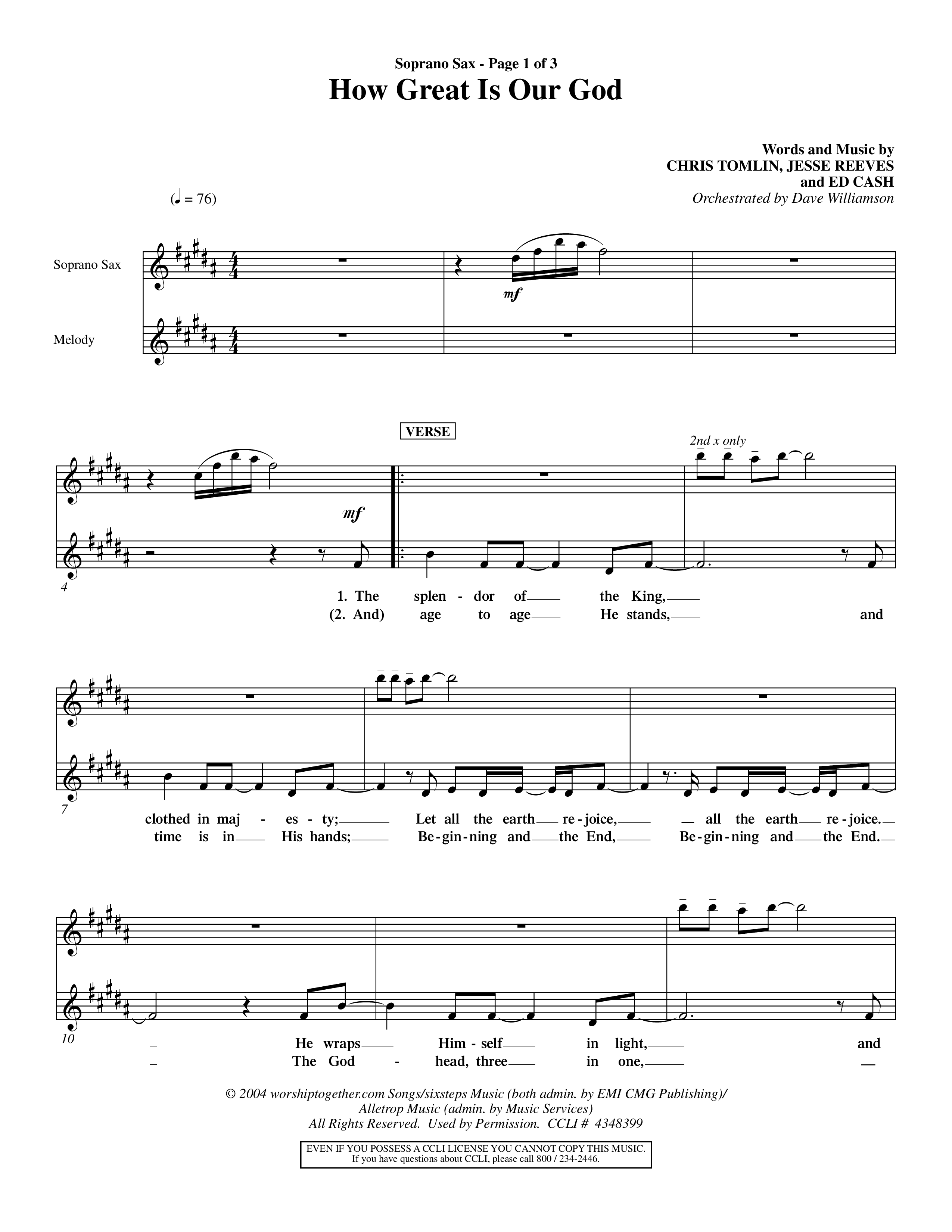 How Great Is Our God (Choral Anthem SATB) Saxophone (Word Music Choral / Orch. Dave Williamson)