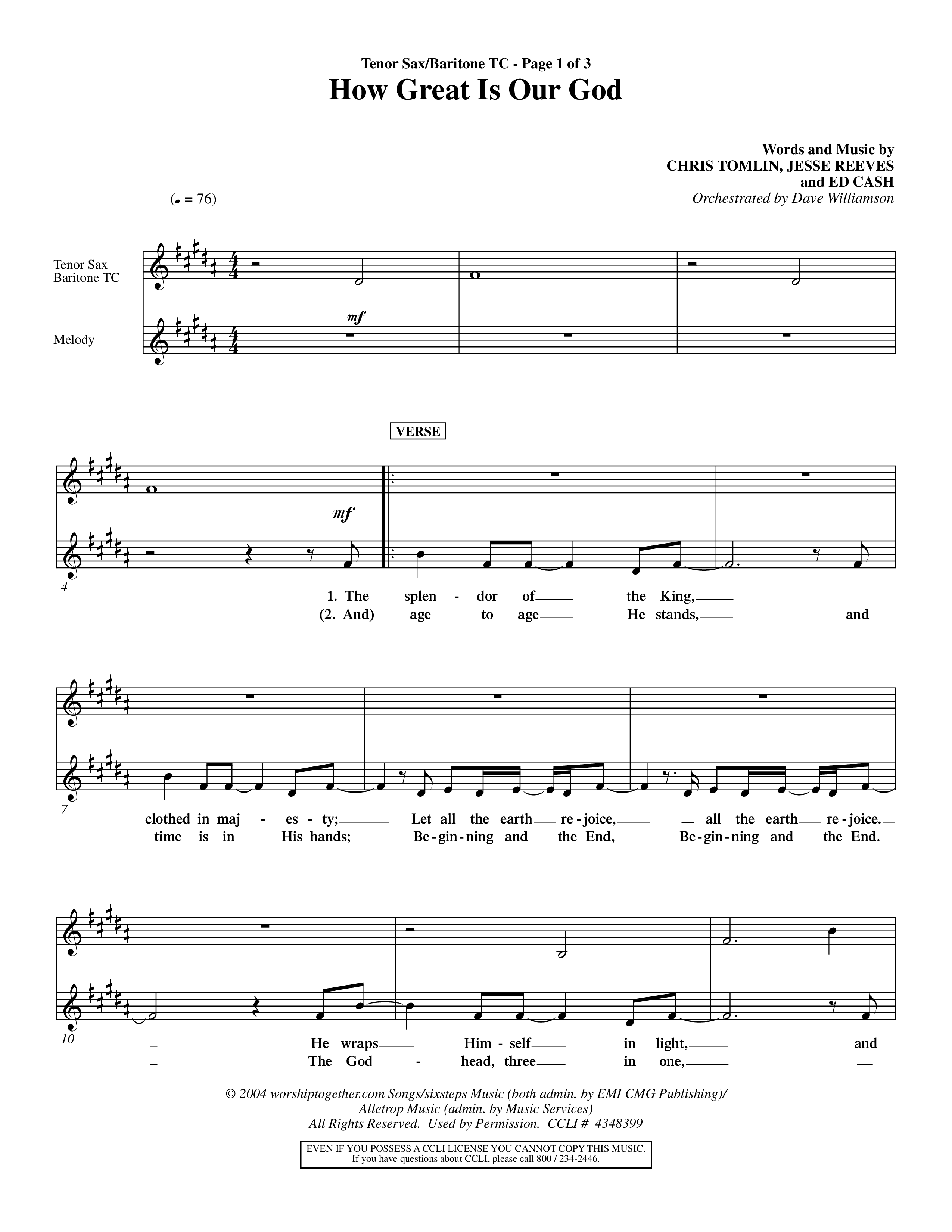 How Great Is Our God (Choral Anthem SATB) Tenor Sax/Baritone T.C. (Word Music Choral / Orch. Dave Williamson)