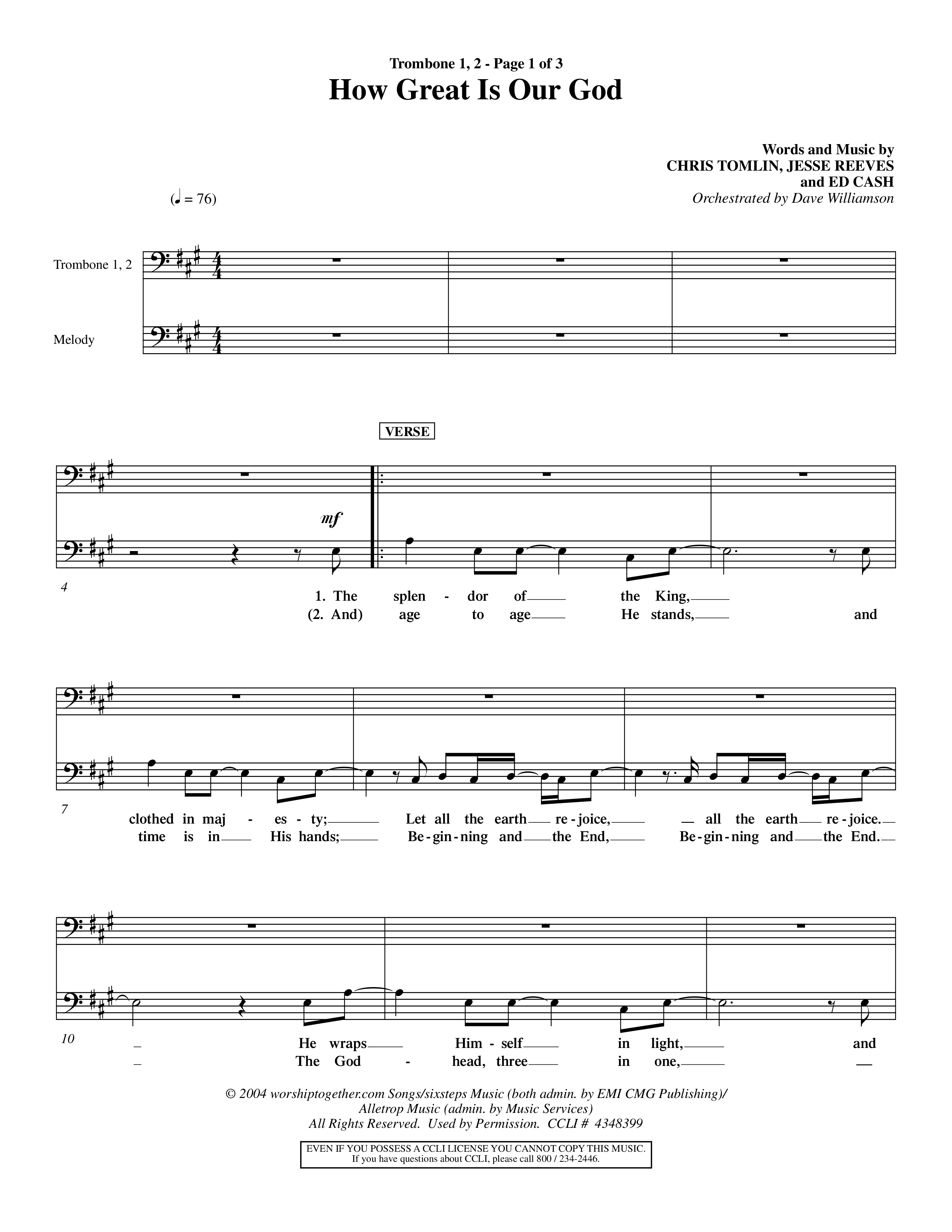 How Great Is Our God (Choral Anthem SATB) Trombone 1/2 (Word Music Choral / Orch. Dave Williamson)