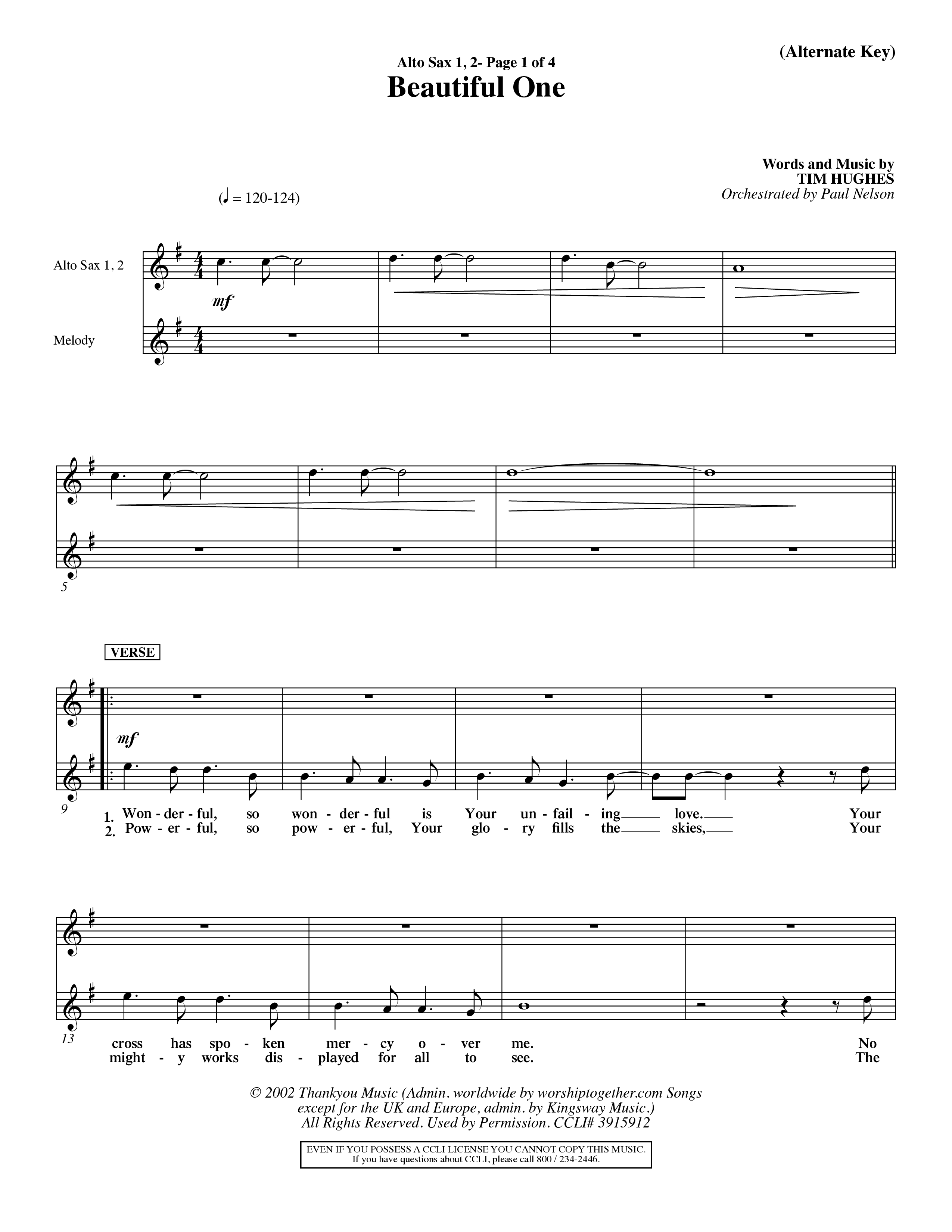 Beautiful One (Choral Anthem SATB) Alto Sax 1/2 (Word Music Choral / Orch. Paul Nelson)