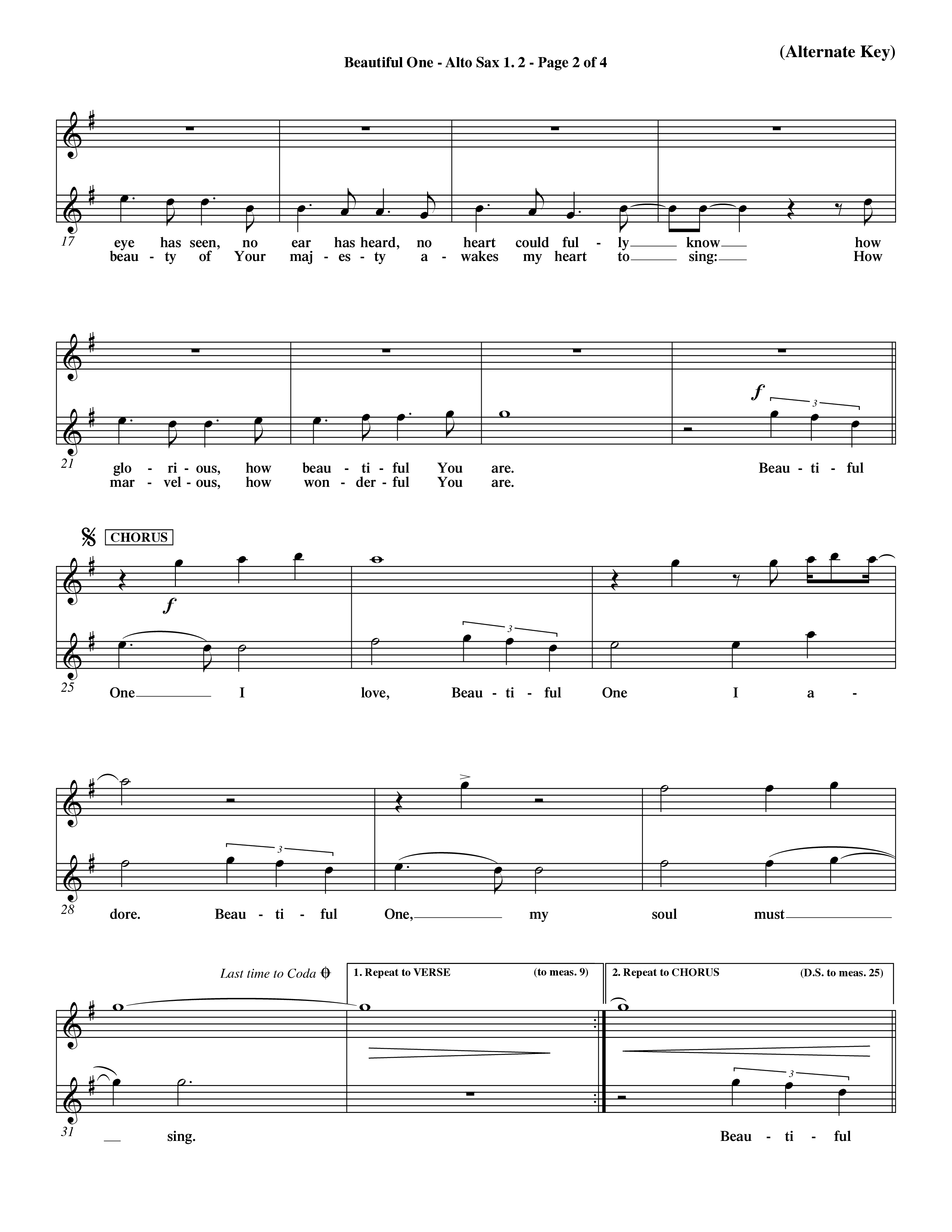 Beautiful One (Choral Anthem SATB) Alto Sax 1/2 (Word Music Choral / Orch. Paul Nelson)