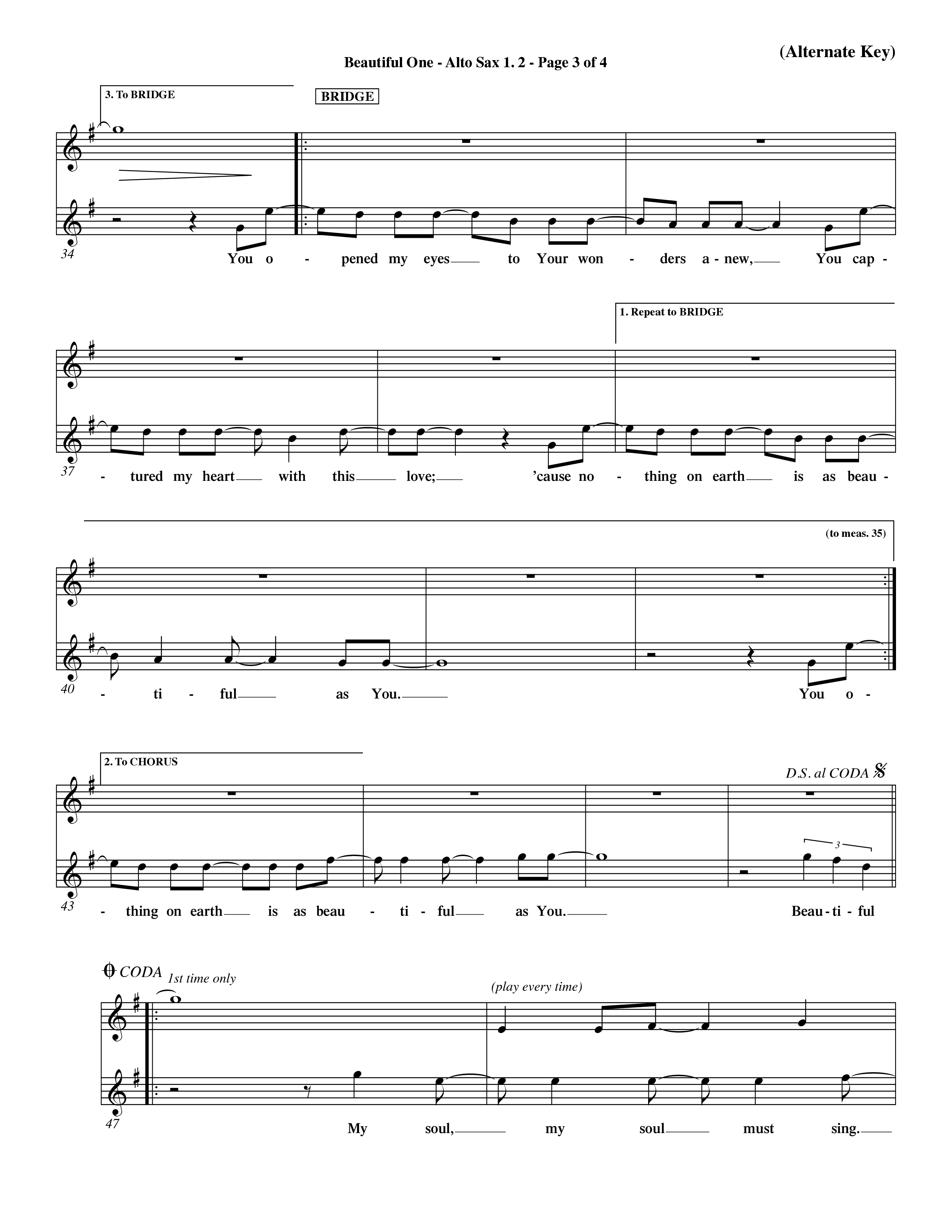 Beautiful One (Choral Anthem SATB) Alto Sax 1/2 (Word Music Choral / Orch. Paul Nelson)