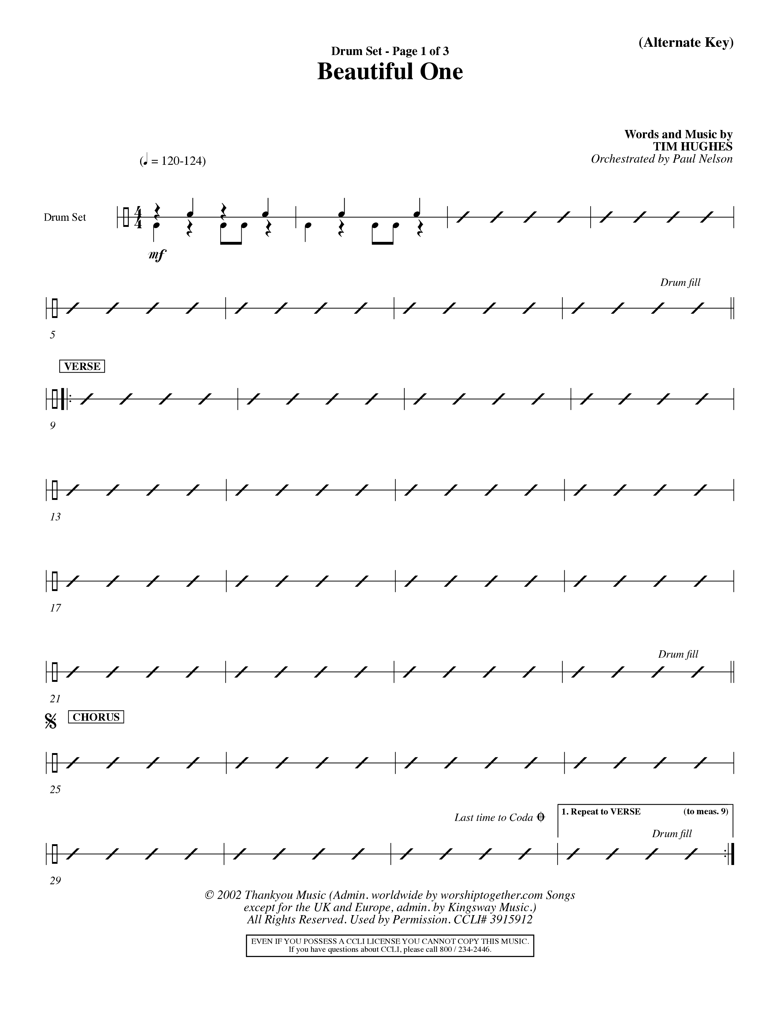 Beautiful One (Choral Anthem SATB) Drum Set (Word Music Choral / Orch. Paul Nelson)