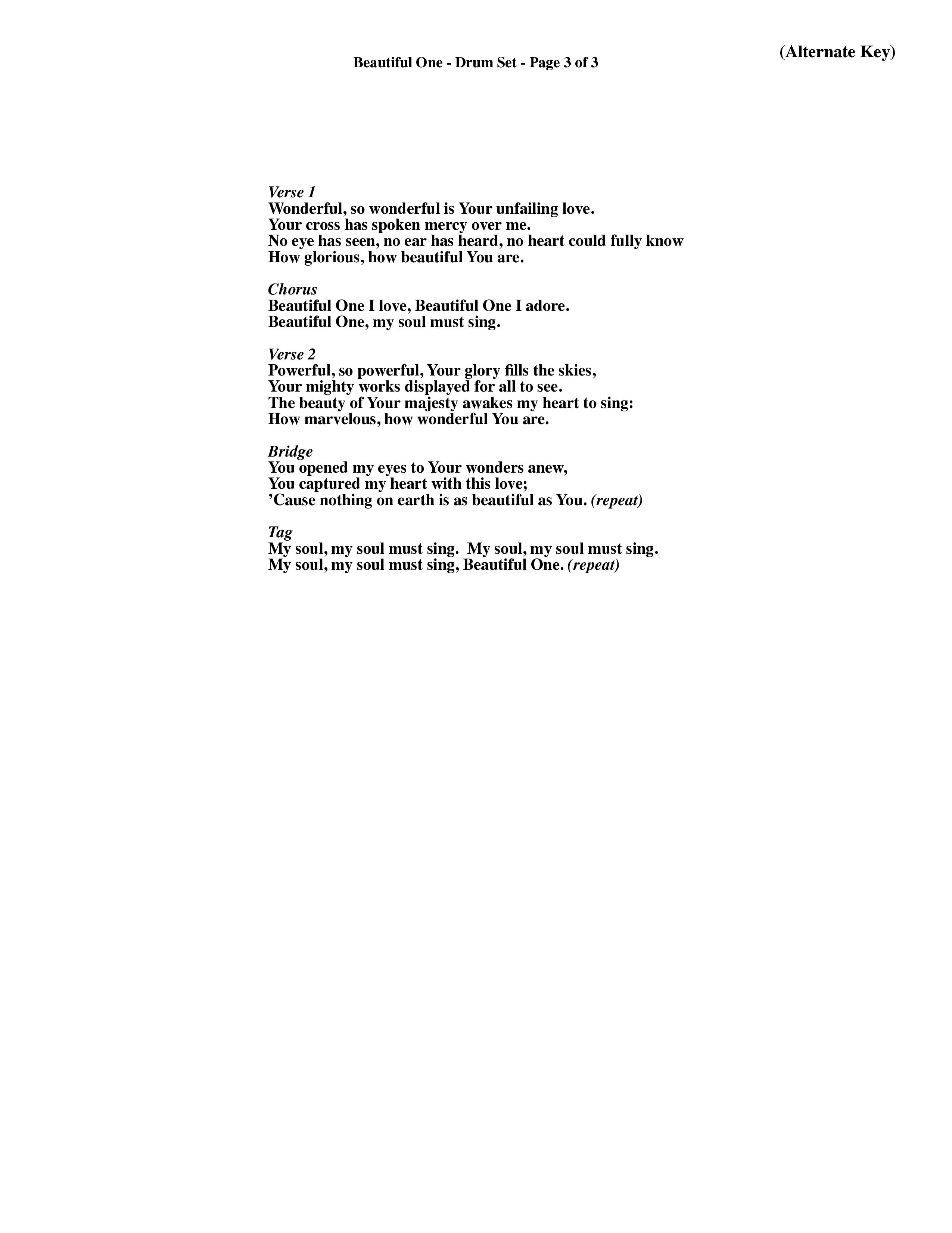 Beautiful One (Choral Anthem SATB) Drum Set (Word Music Choral / Orch. Paul Nelson)