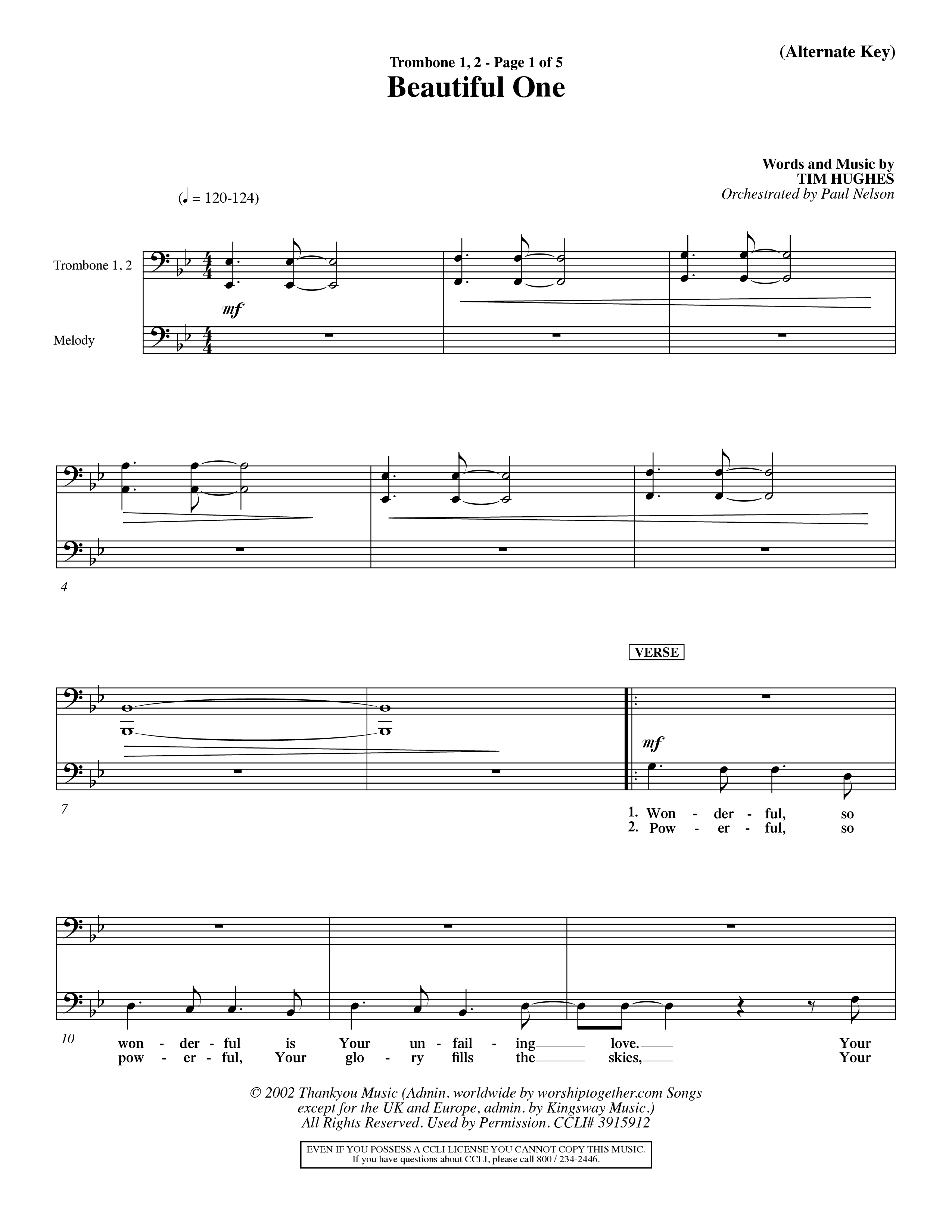 Beautiful One (Choral Anthem SATB) Trombone 1/2 (Word Music Choral / Orch. Paul Nelson)