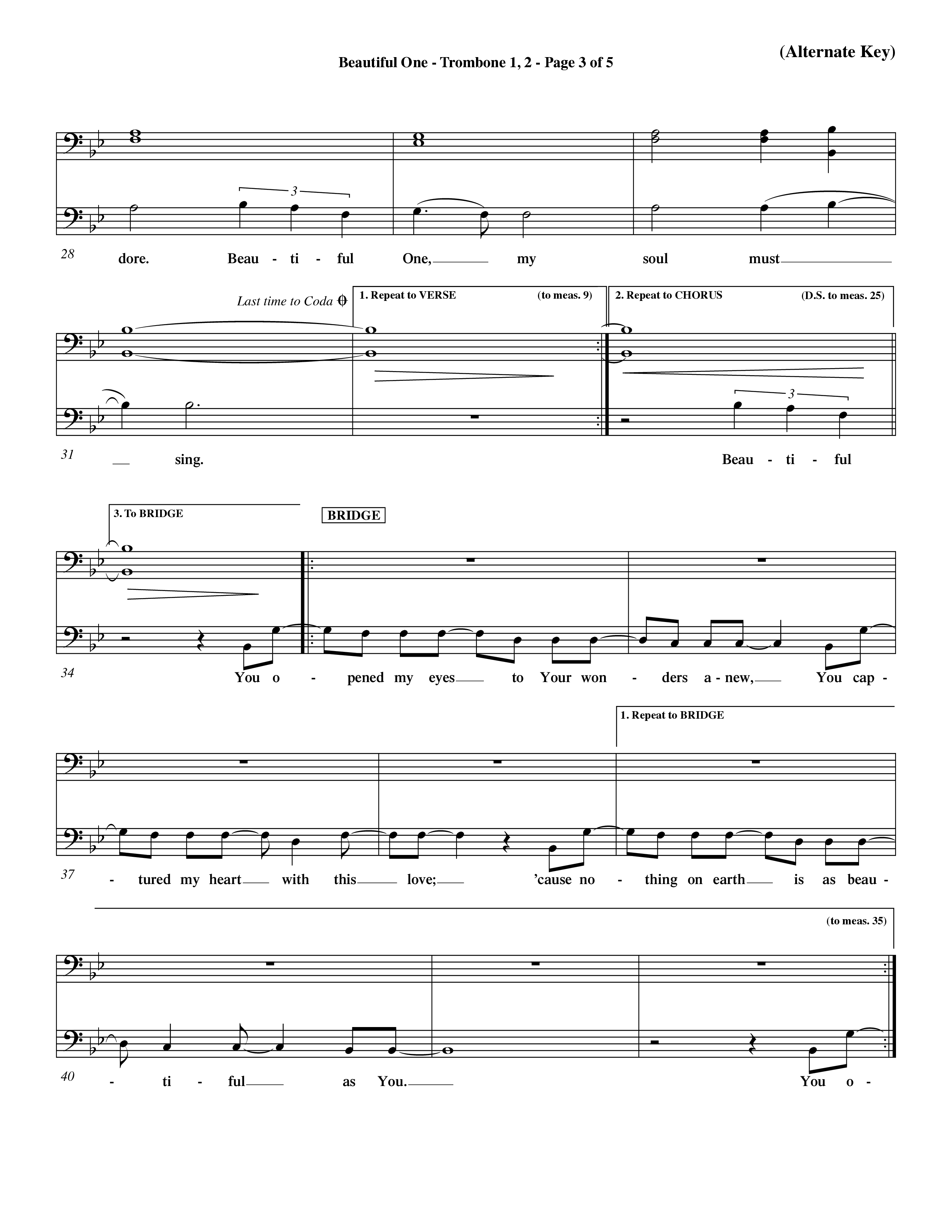 Beautiful One (Choral Anthem SATB) Trombone 1/2 (Word Music Choral / Orch. Paul Nelson)