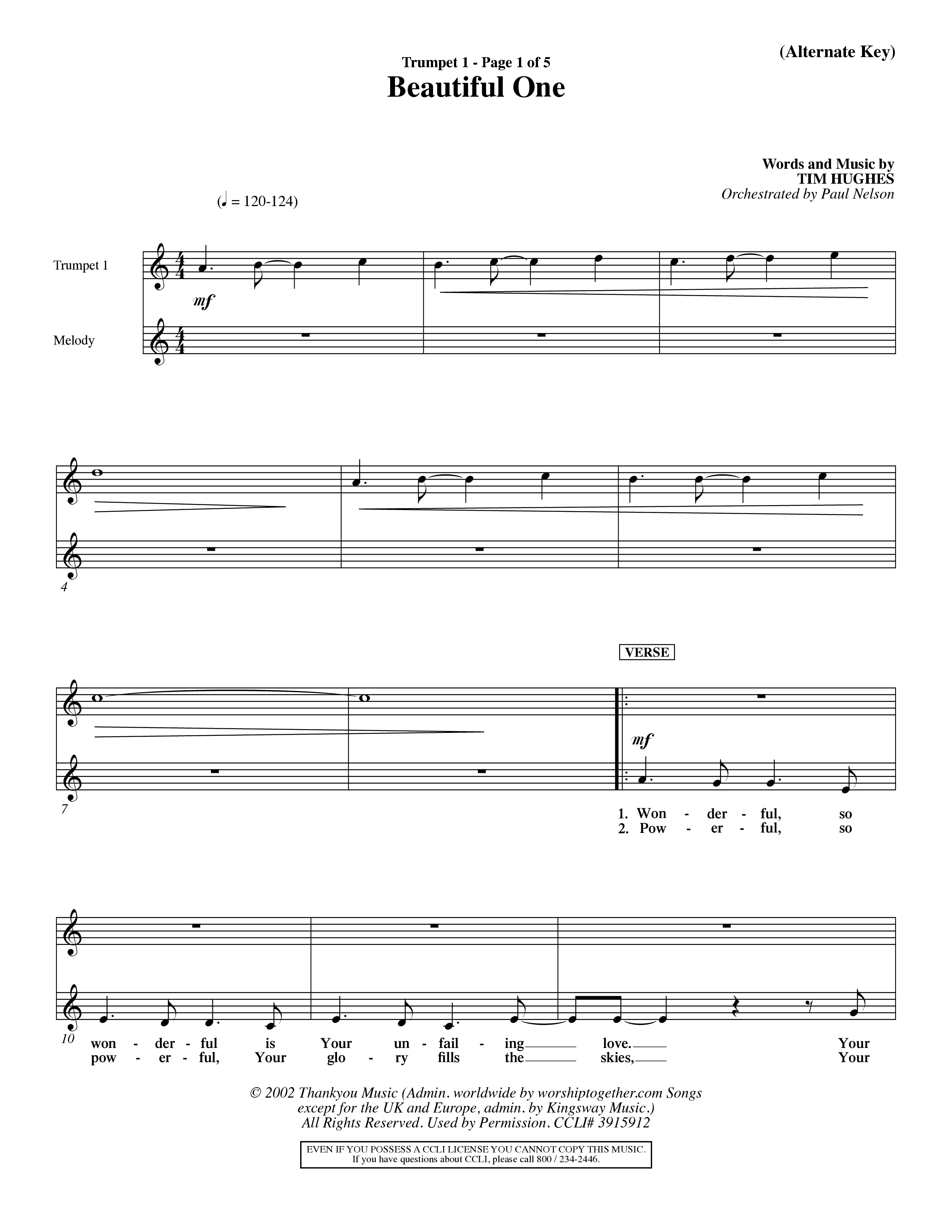 Beautiful One (Choral Anthem SATB) Trumpet 1 (Word Music Choral / Orch. Paul Nelson)