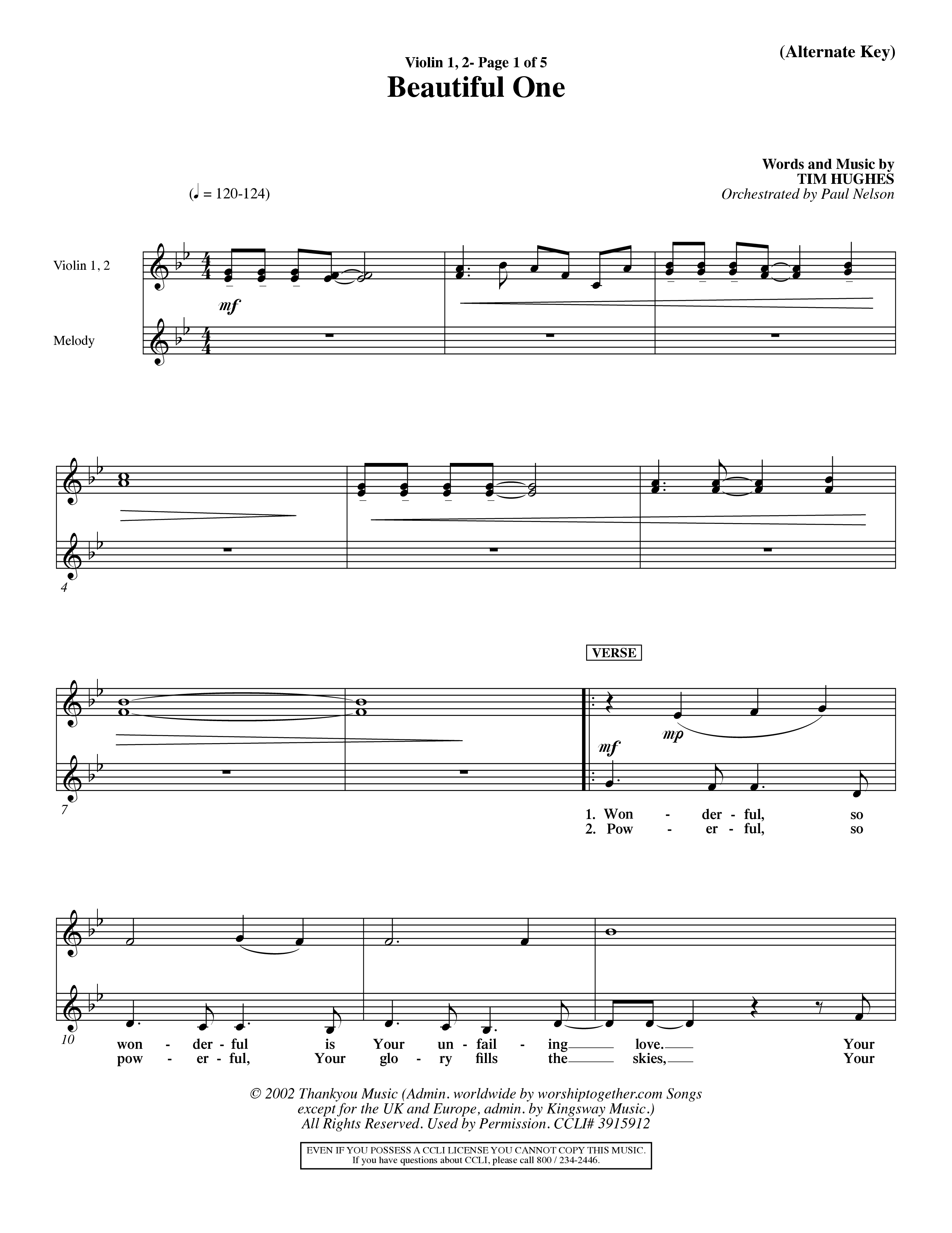 Beautiful One (Choral Anthem SATB) Violin 1/2 (Word Music Choral / Orch. Paul Nelson)