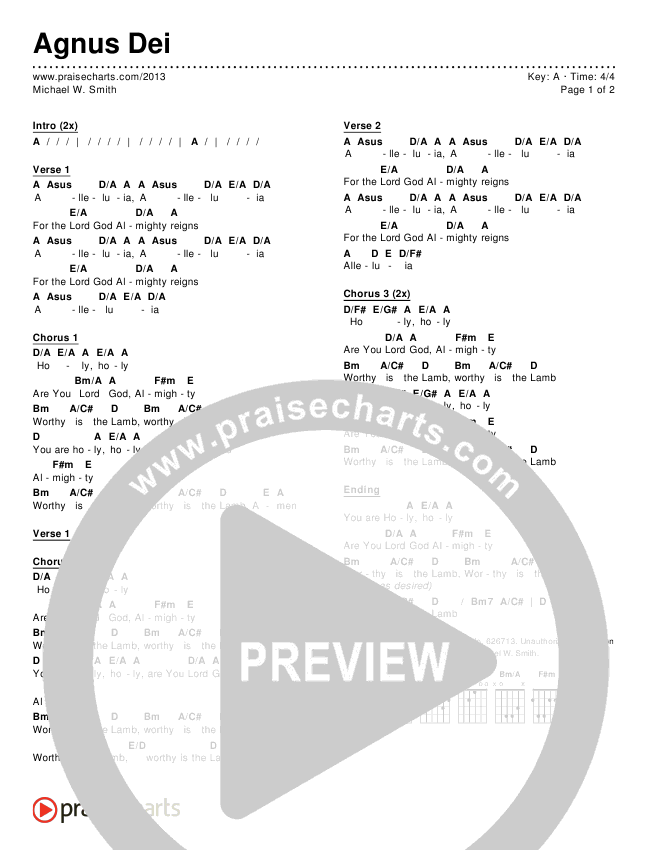 Agnus Dei Chord Chart (Editable) - Michael W. Smith | PraiseCharts