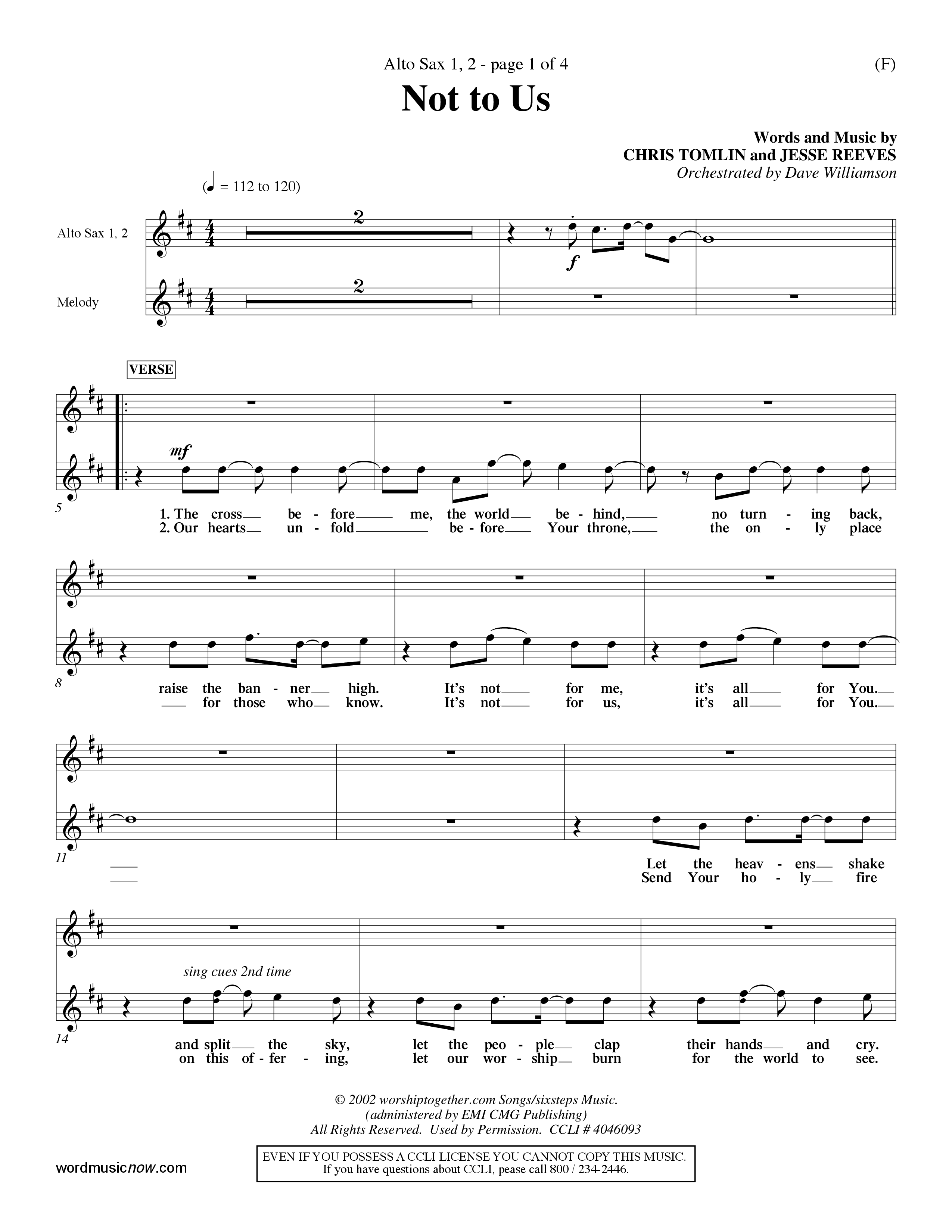 Not To Us (Choral Anthem SATB) Alto Sax 1/2 (Word Music Choral / Orch. Dave Williamson)