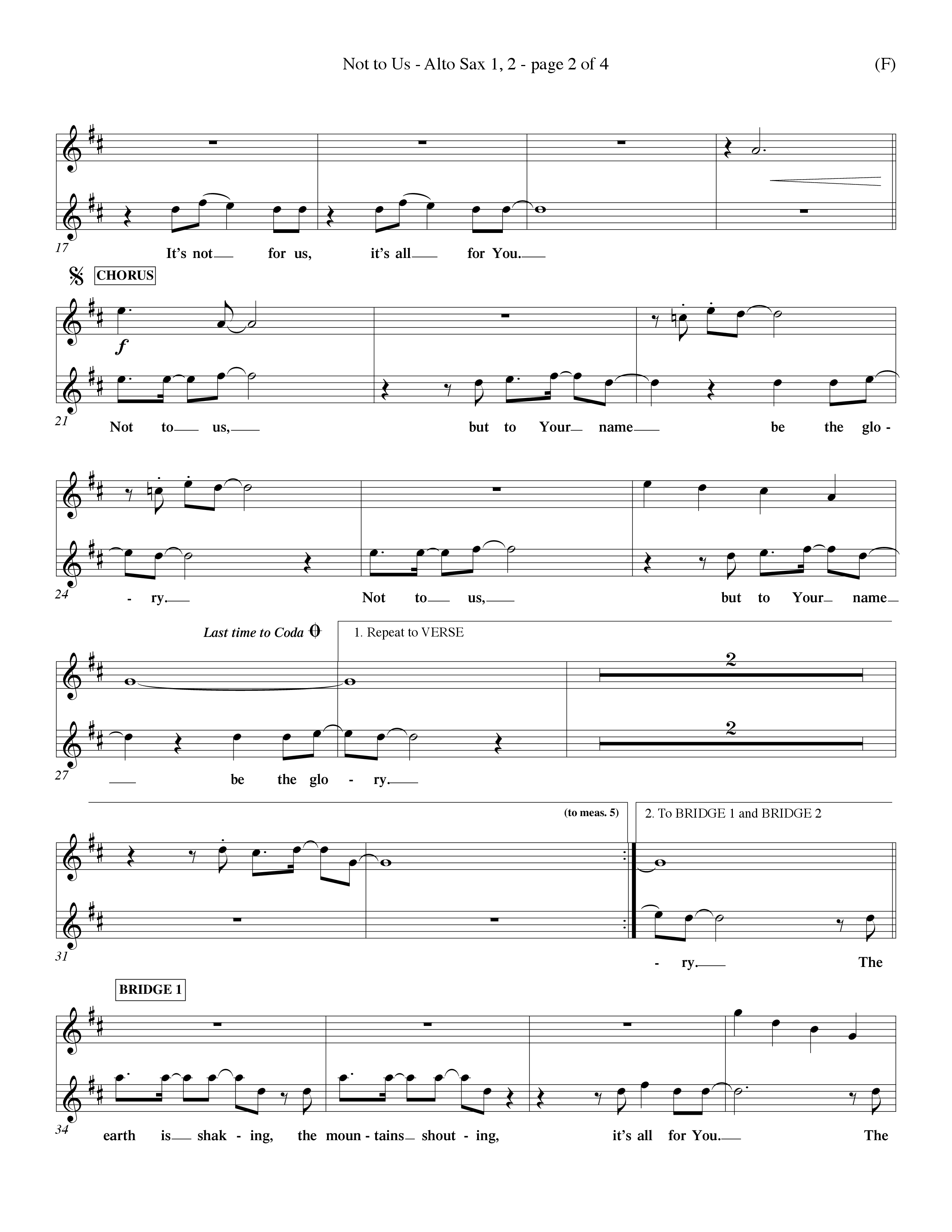 Not To Us (Choral Anthem SATB) Alto Sax 1/2 (Word Music Choral / Orch. Dave Williamson)