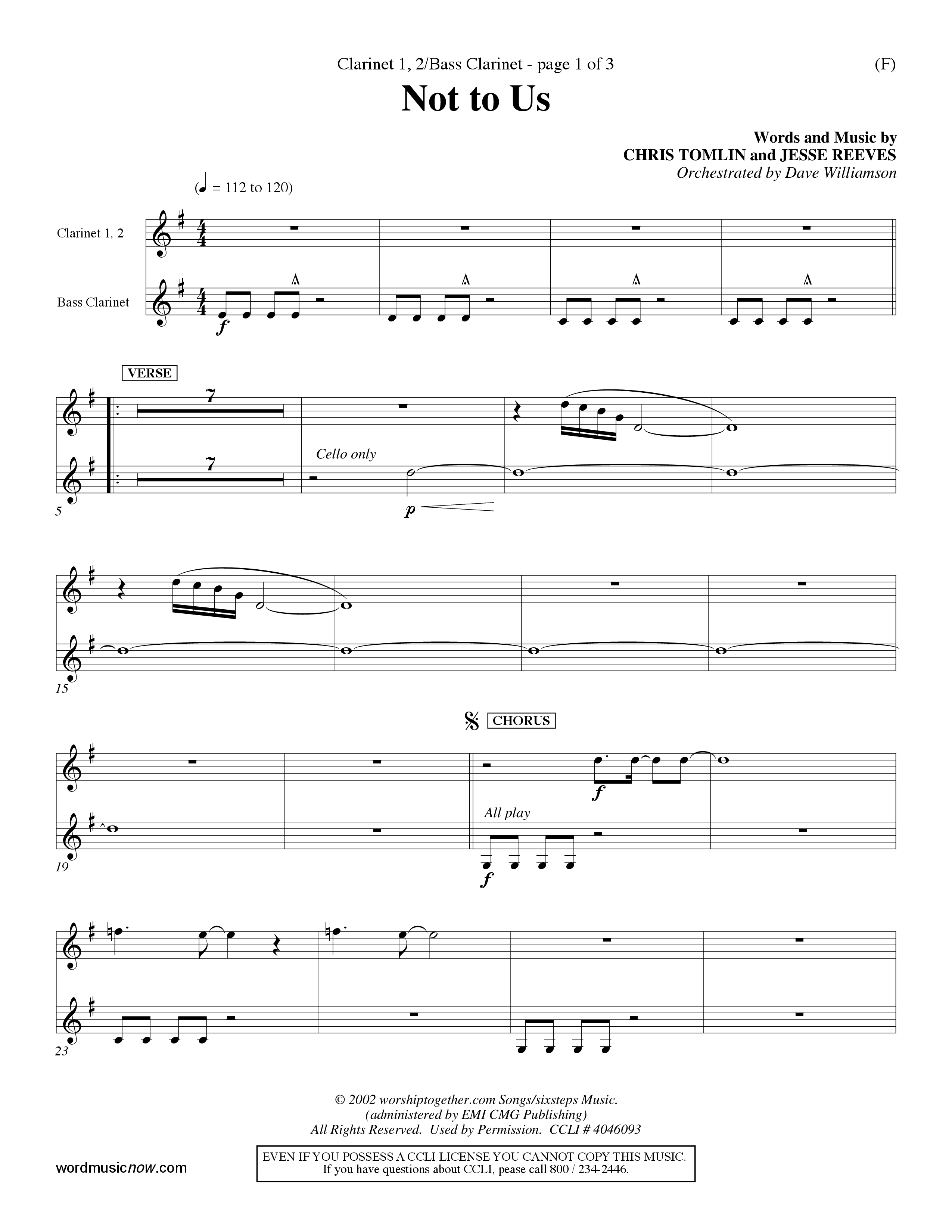 Not To Us (Choral Anthem SATB) Clarinet 1/2, Bass Clarinet (Word Music Choral / Orch. Dave Williamson)