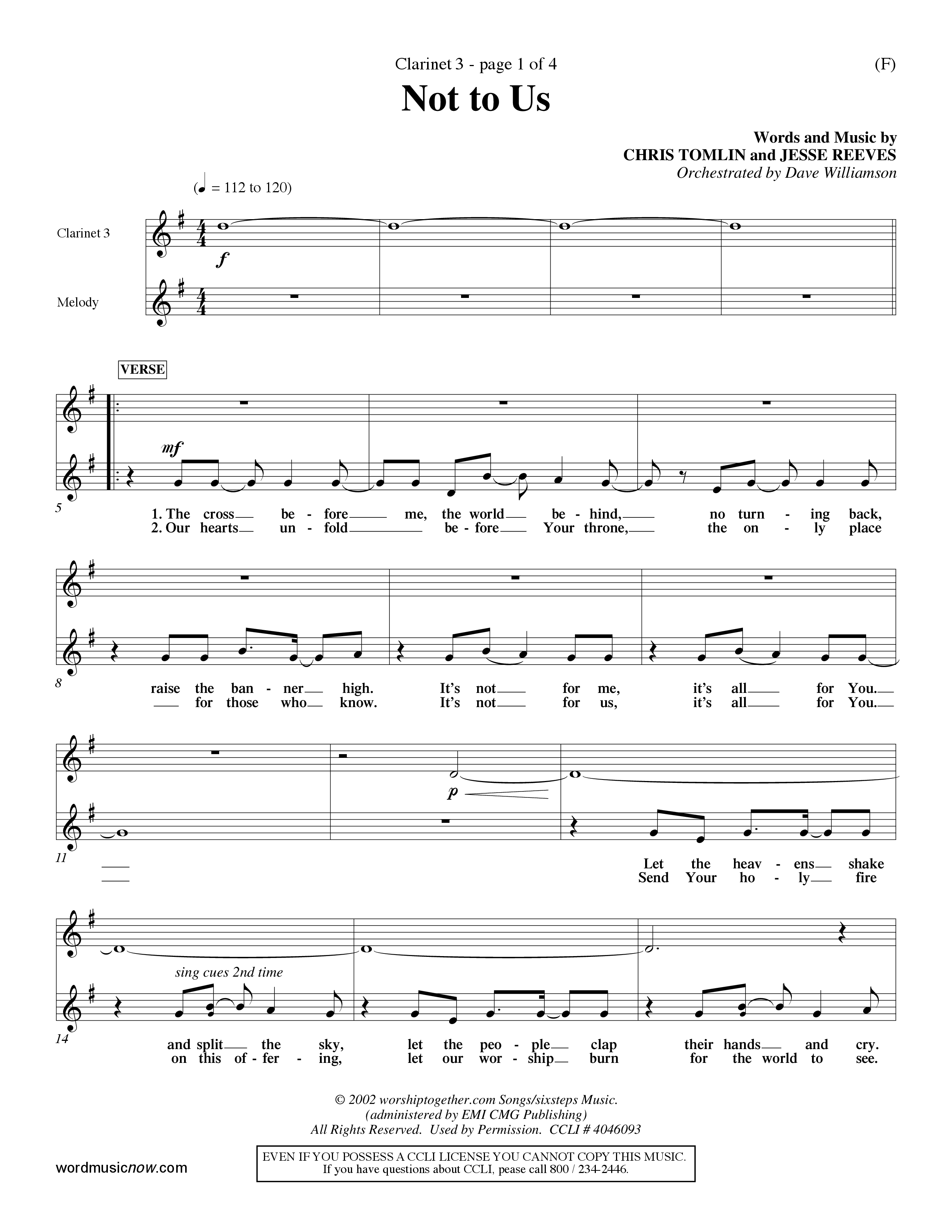 Not To Us (Choral Anthem SATB) Clarinet 3 (Word Music Choral / Orch. Dave Williamson)