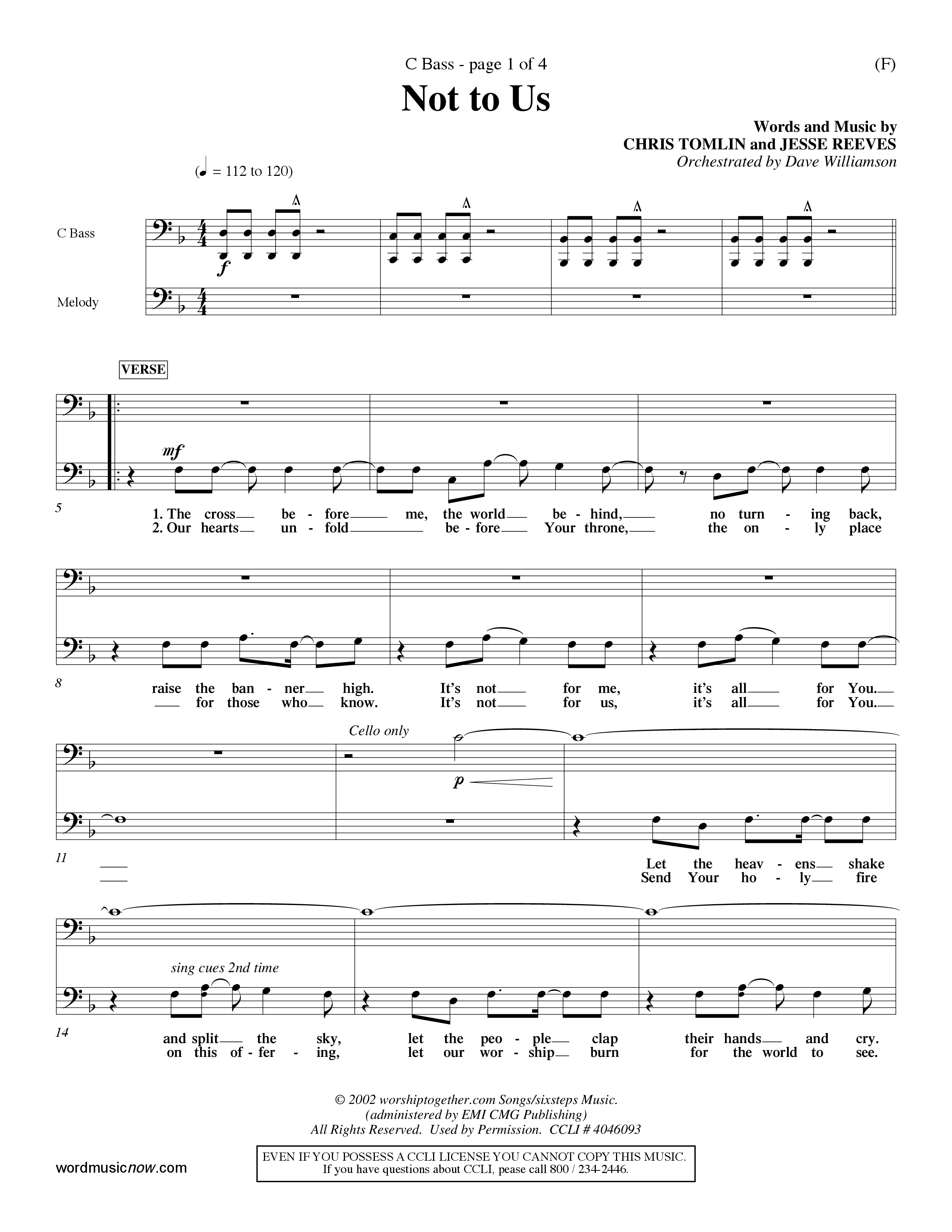 Not To Us (Choral Anthem SATB) Contrabass (Word Music Choral / Orch. Dave Williamson)
