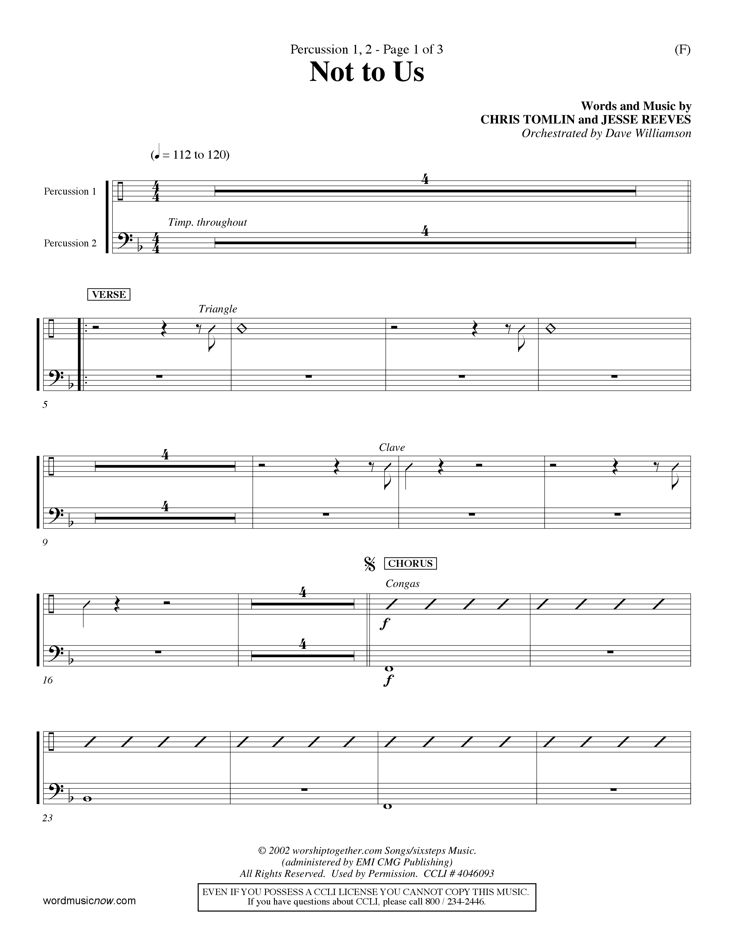 Not To Us (Choral Anthem SATB) Percussion 1/2 (Word Music Choral / Orch. Dave Williamson)